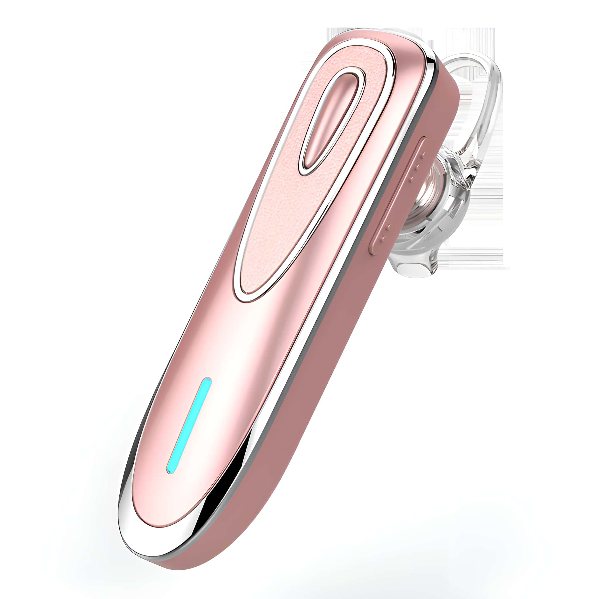 Roségold-Bluetooth-Headset. Rosa-Silber-Design. Blaue Anzeige. Weißer Hintergrund.