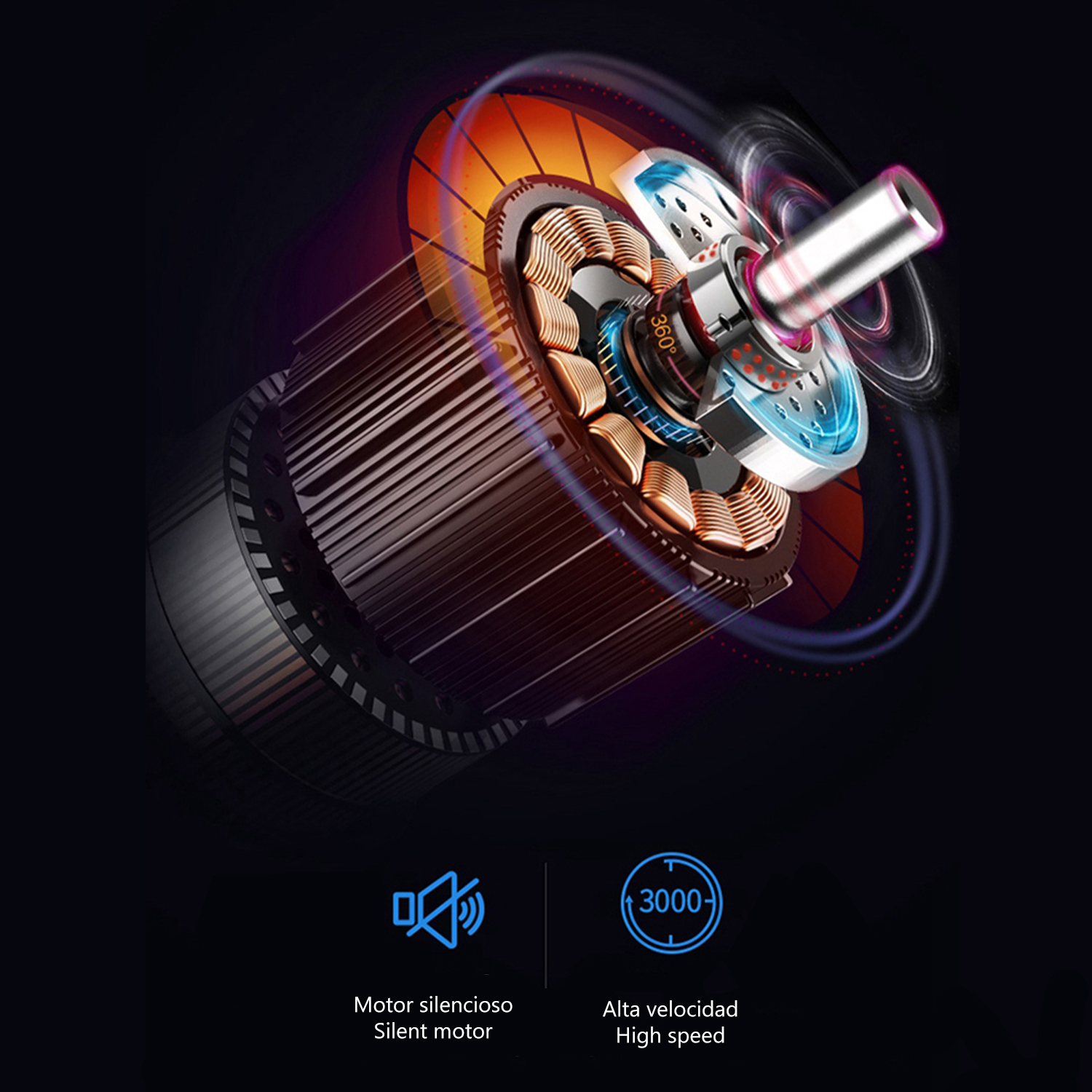 Diagrama animado de un motor con partes móviles, mostrando alta velocidad y motor silencioso.