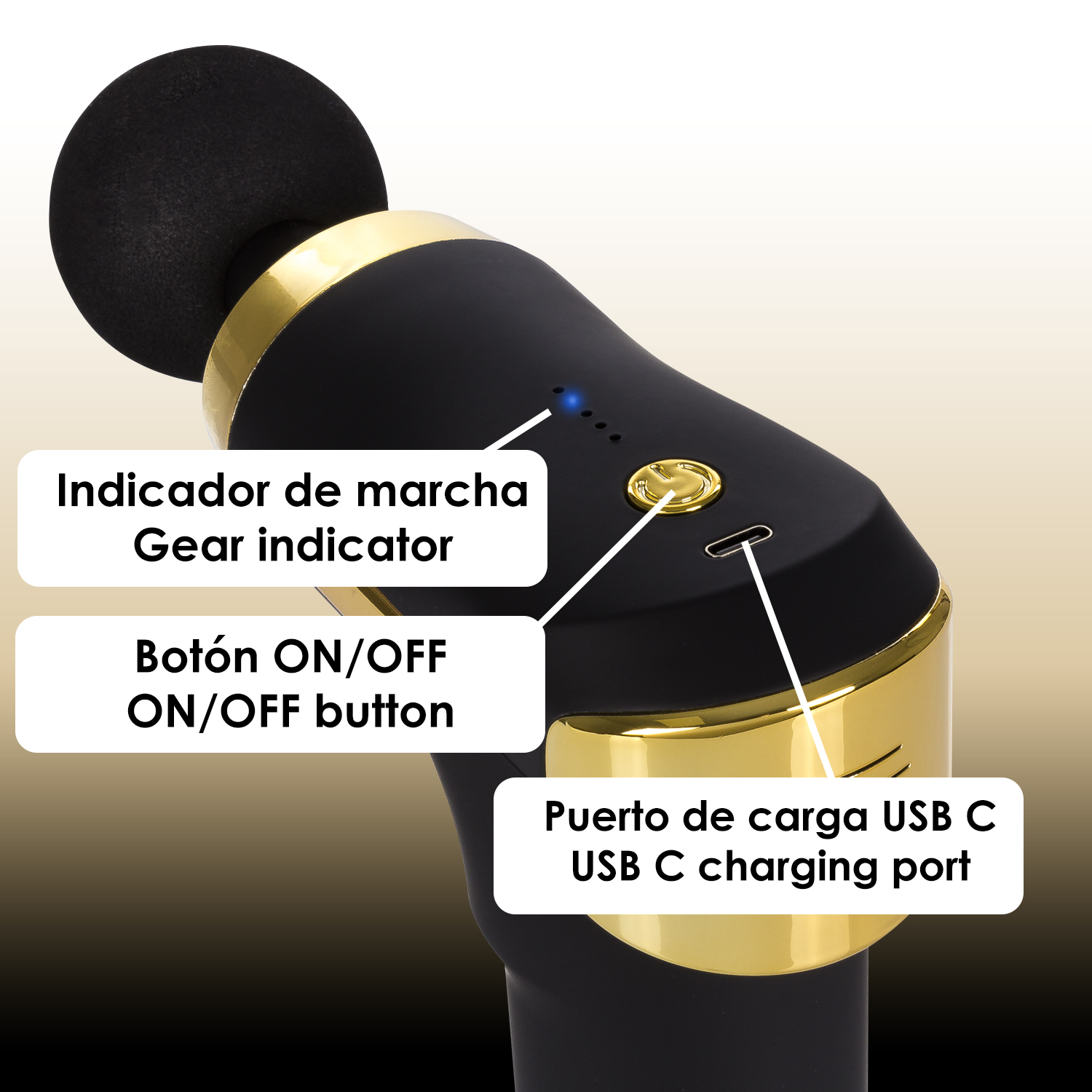 Pistola de masaje negra y dorada, con etiquetas para controles.