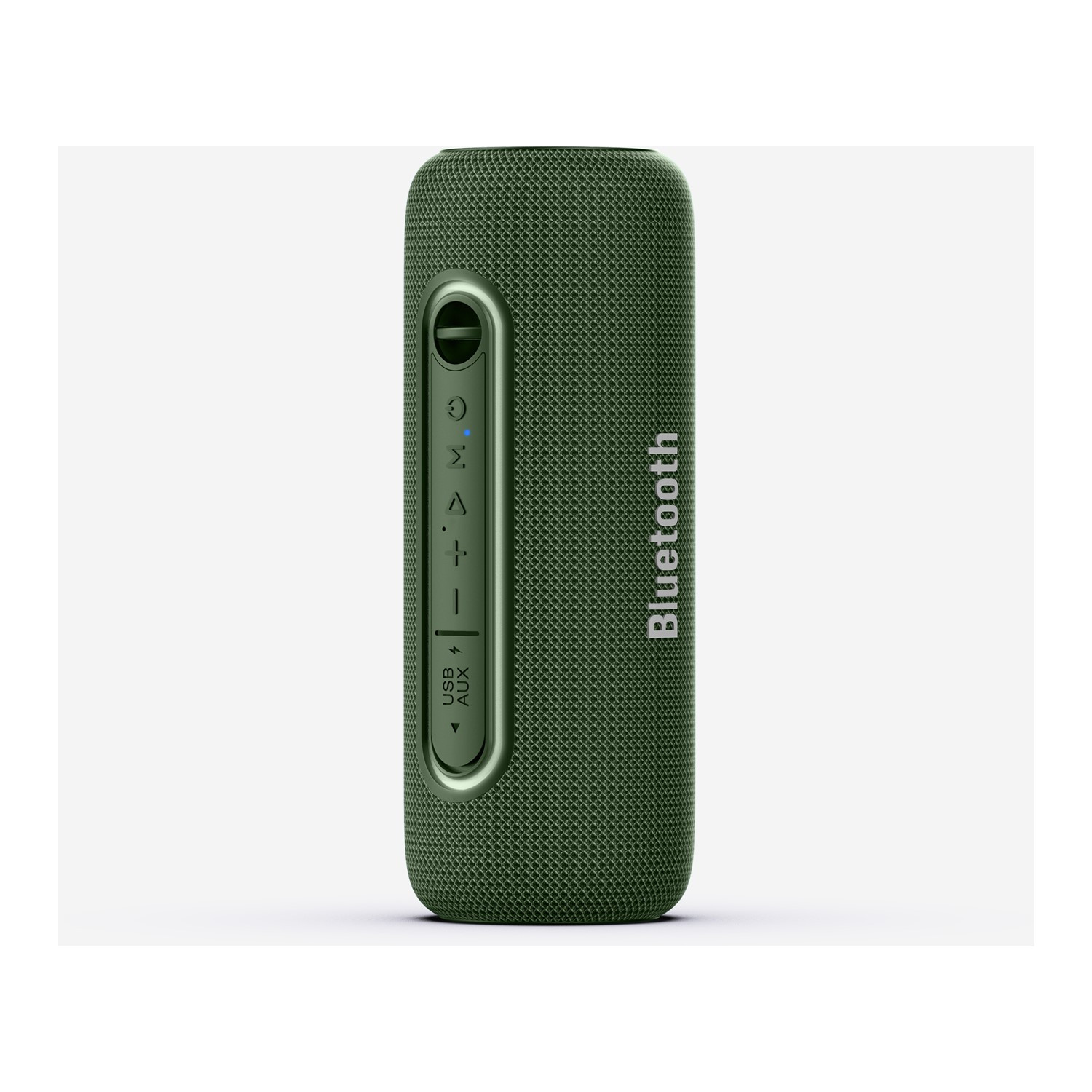 Grüner Bluetooth-Lautsprecher mit Steuertasten vor weißem Hintergrund.