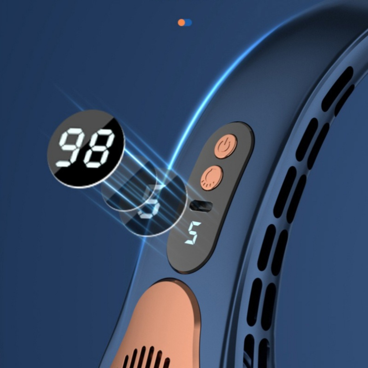 Nackenventilator mit Anzeige 98 und Geschwindigkeitsstufe 5. Er hat Ein- und Ausschalttasten.