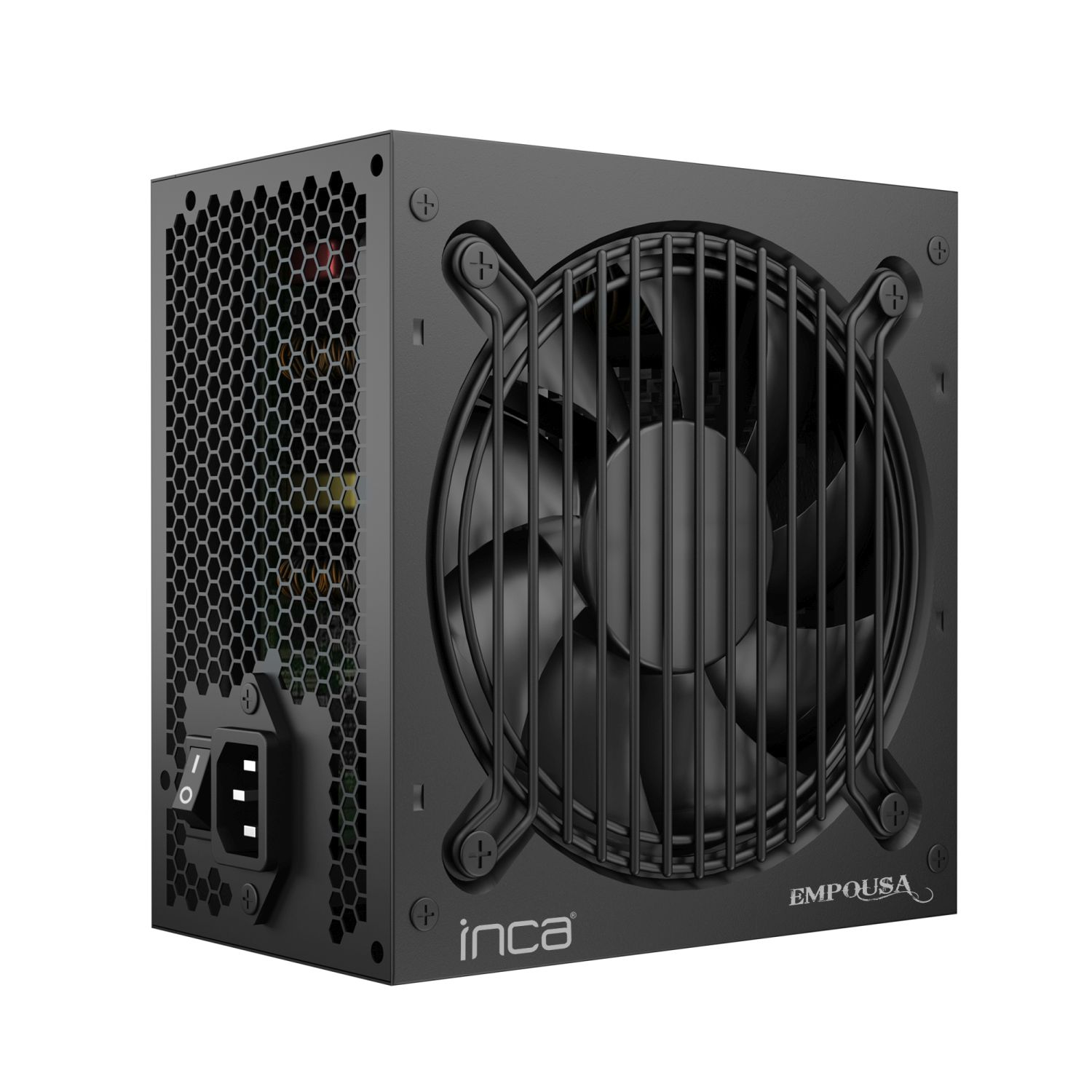 Alimentatore per computer nero. Ha ventola e griglia. Marchi Inca ed Empousa visibili. Interruttore di accensione/spegnimento presente.