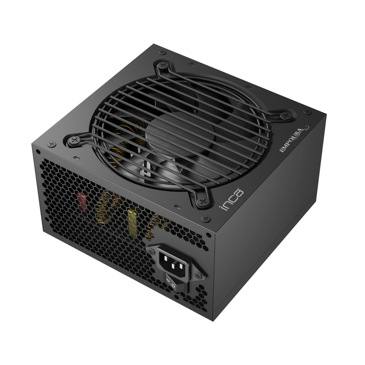 Alimentatore per computer nero. Ventola, griglia e ingresso di alimentazione.