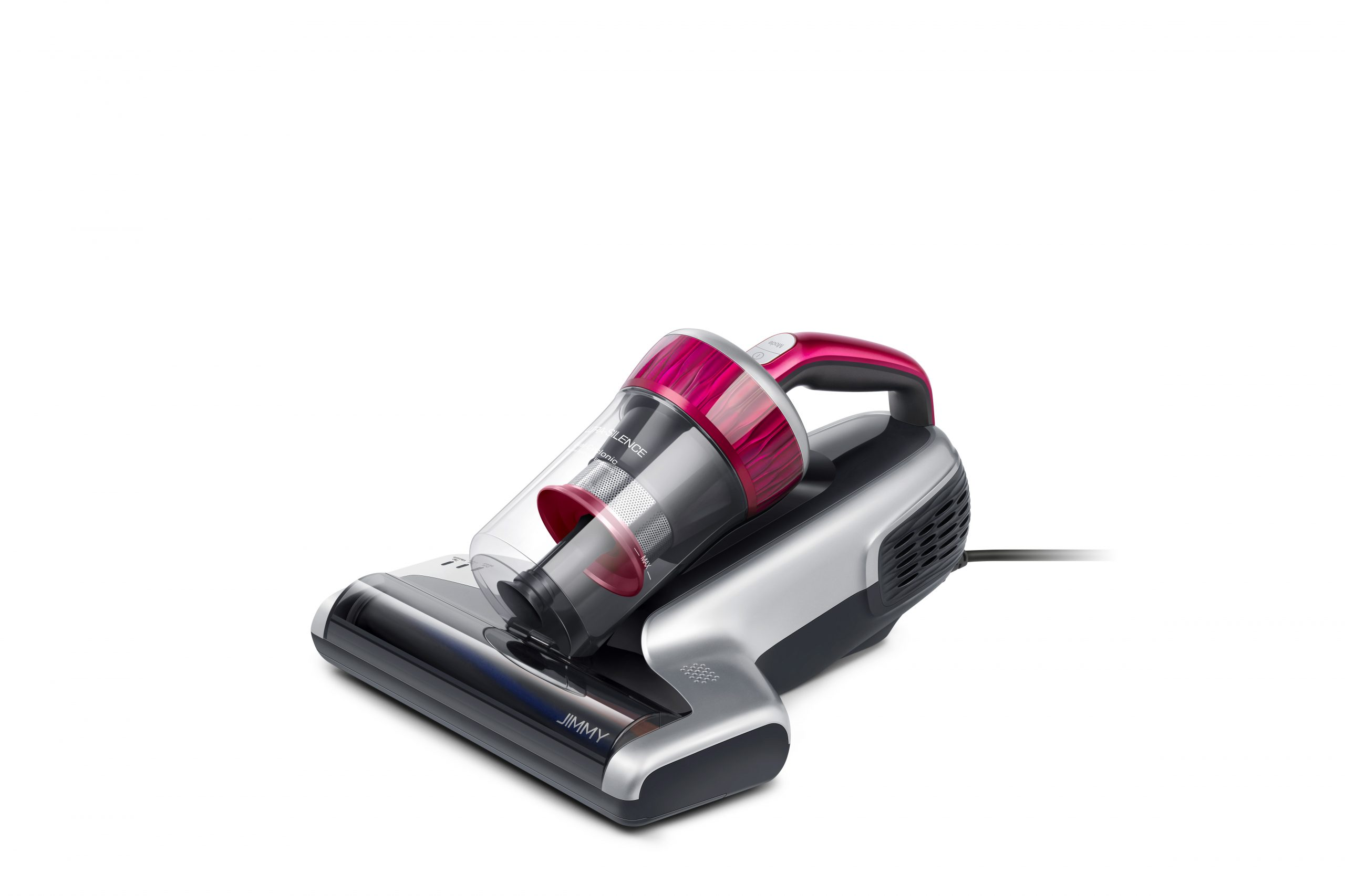 Aspirapolvere portatile rosso e argento, con contenitore della polvere rosso e testina di pulizia nera.