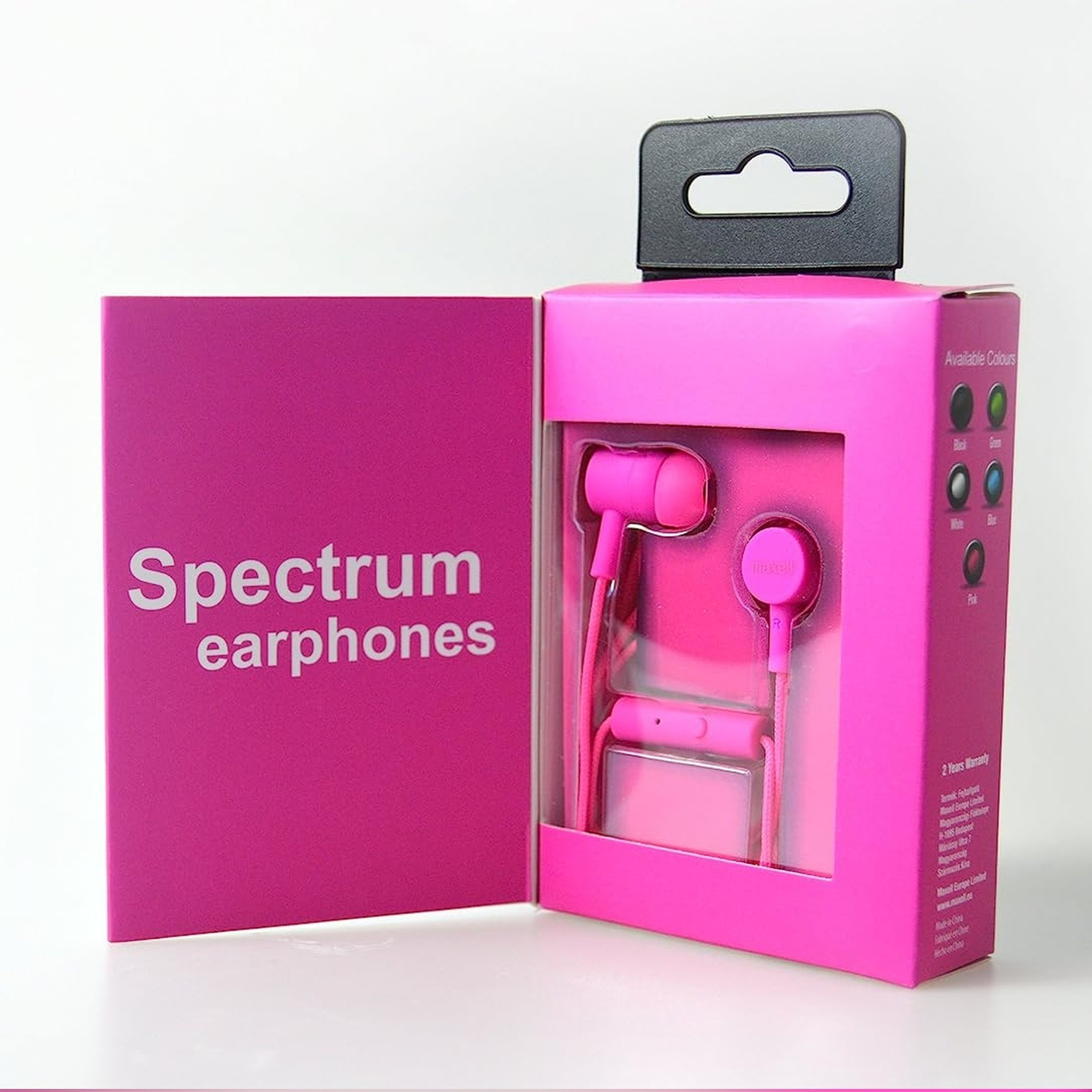Roze oortelefoons in een roze doos met een zwart handvat en beschikbare kleuropties.