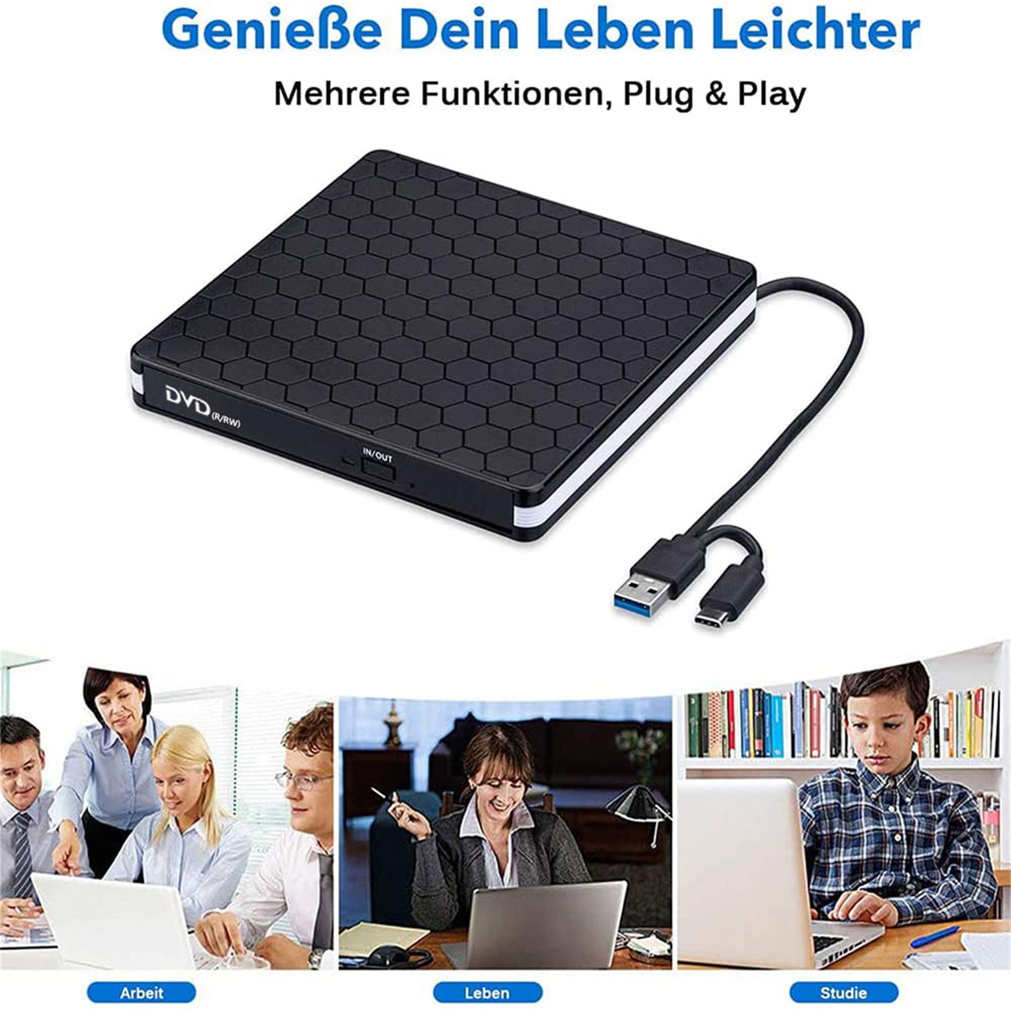 Ein schwarzes DVD-Laufwerk mit USB-Kabel und Bilder von Menschen, die Laptops benutzen, zur Werbung für die Funktionen.
