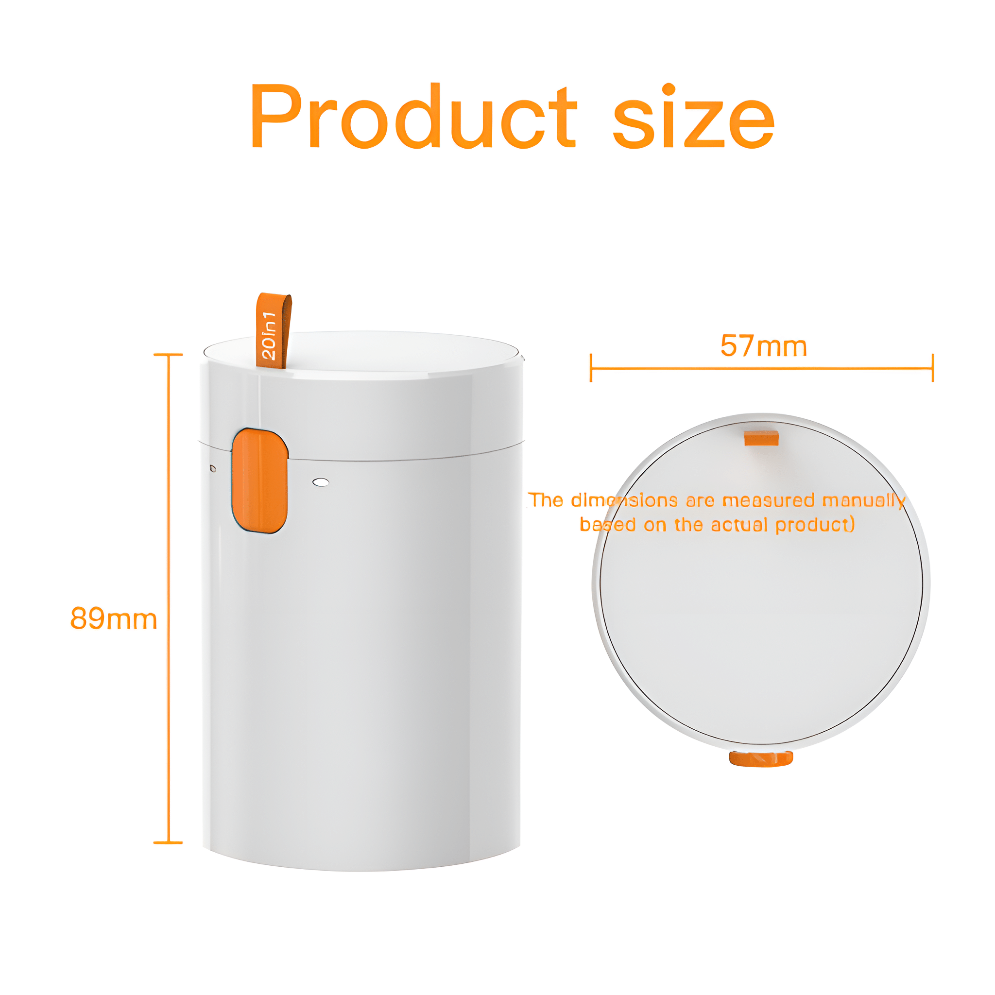 Weißer zylindrischer Behälter mit orangefarbenem Tab. Die Abmessungen betragen 57 mm und 89 mm.