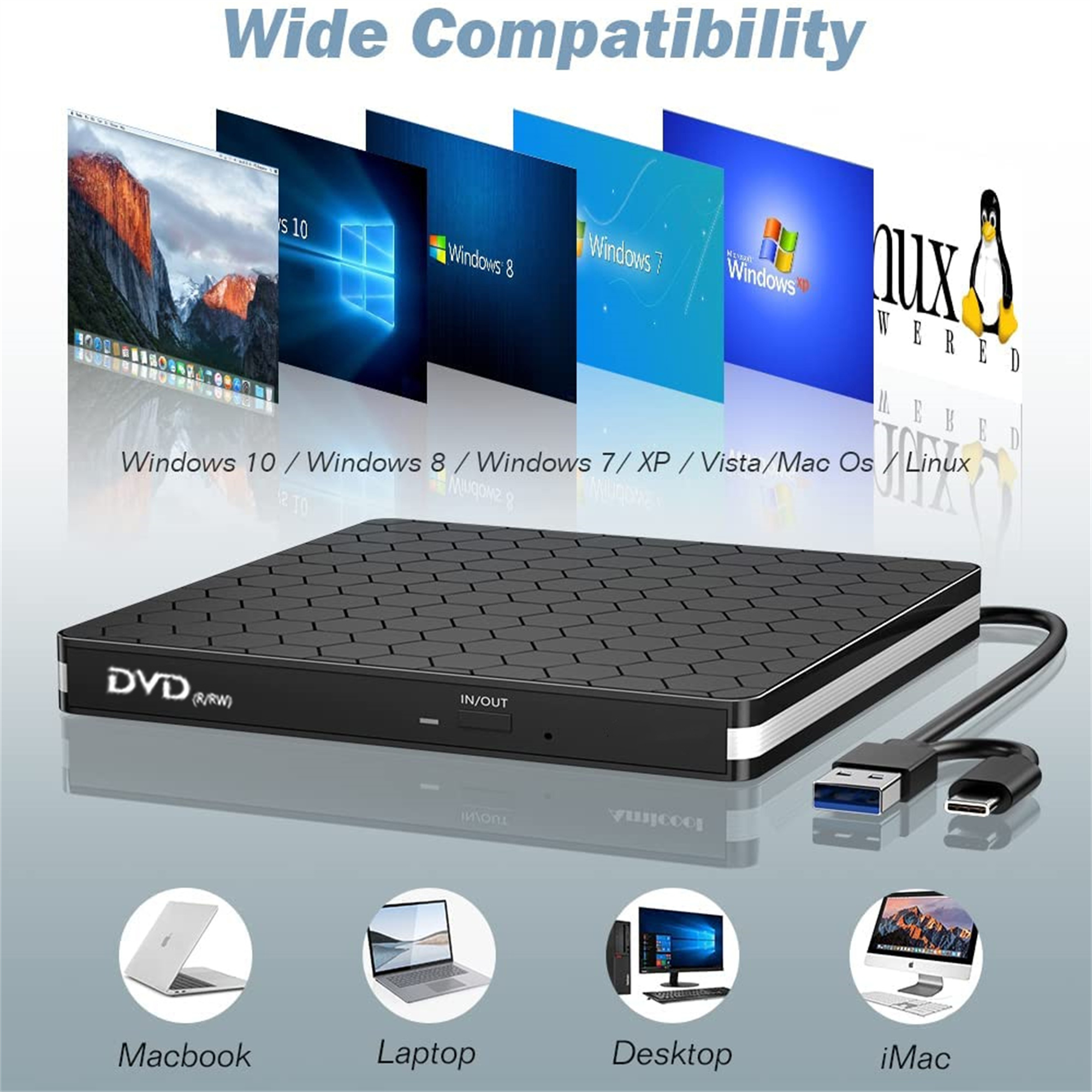 Schwarzer DVD-Player mit USB-Kabel. Windows-, Mac-, Linux-Symbole. Laptop-, Computerbilder.
