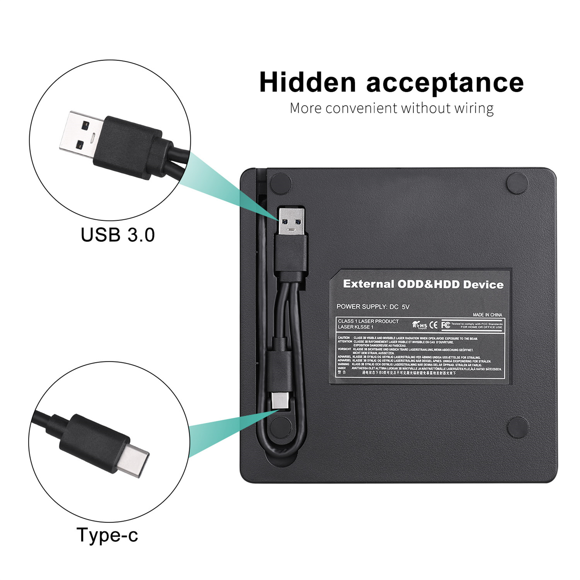 Das Bild zeigt ein schwarzes externes ODD- und HDD-Gerät mit USB- und Typ-C-Anschlüssen.