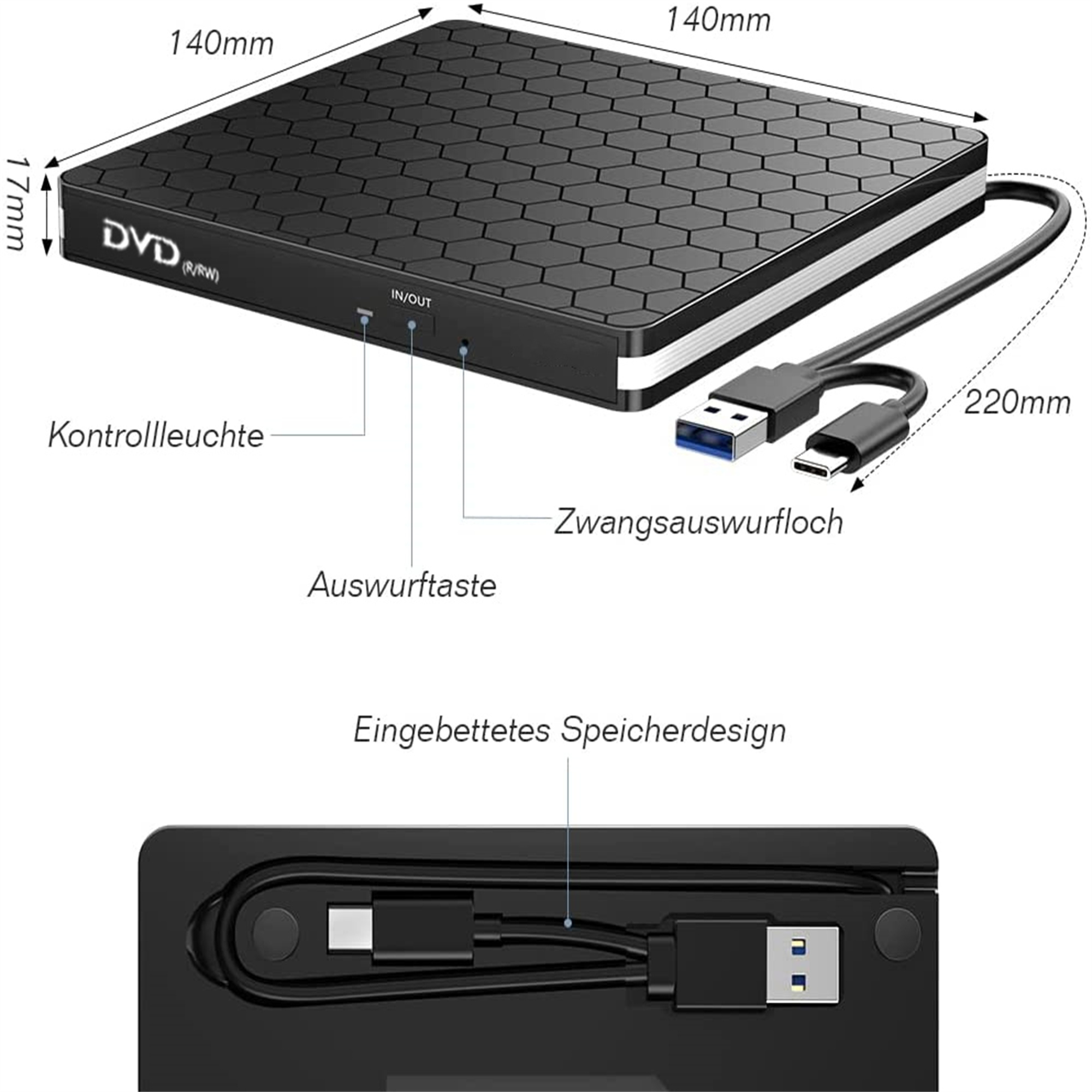 Schwarzes DVD-Laufwerk mit Wabenmuster, Anschlüssen und USB-Kabel.