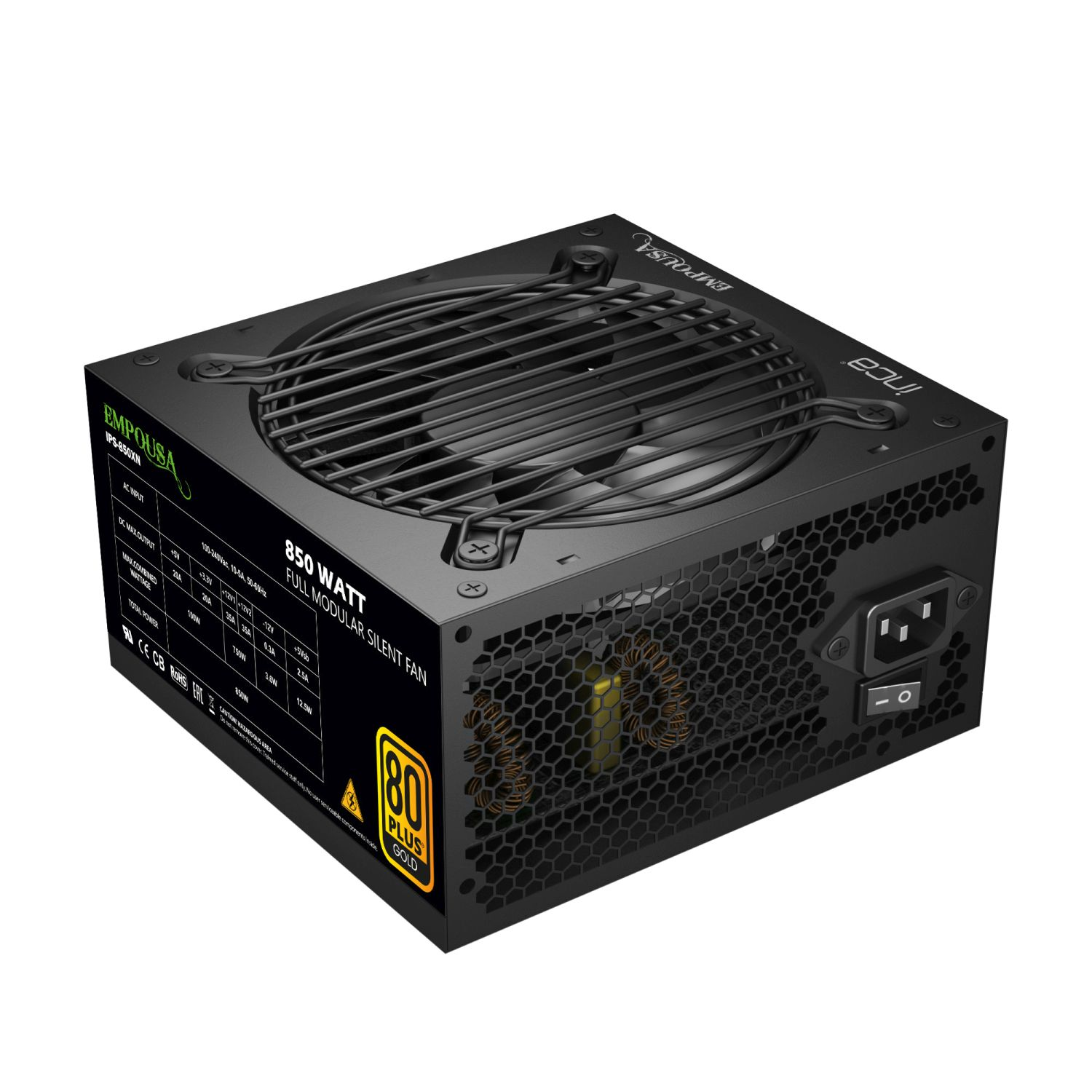 Alimentatore nero con griglia della ventola e certificazione 80 Plus Gold sul lato.