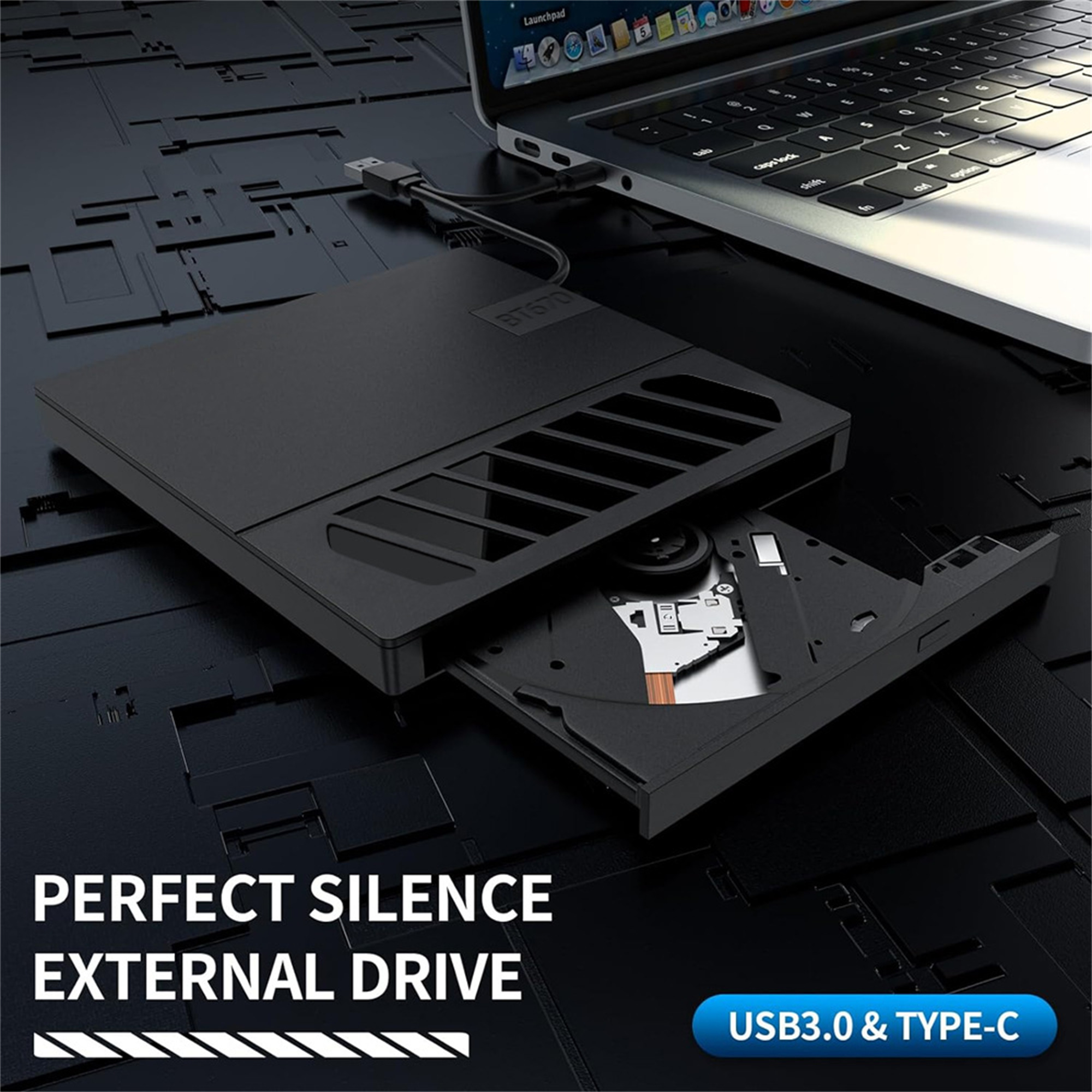 Schwarze externe Festplatte mit Laptop, Text 'PERFECT SILENCE' sichtbar.