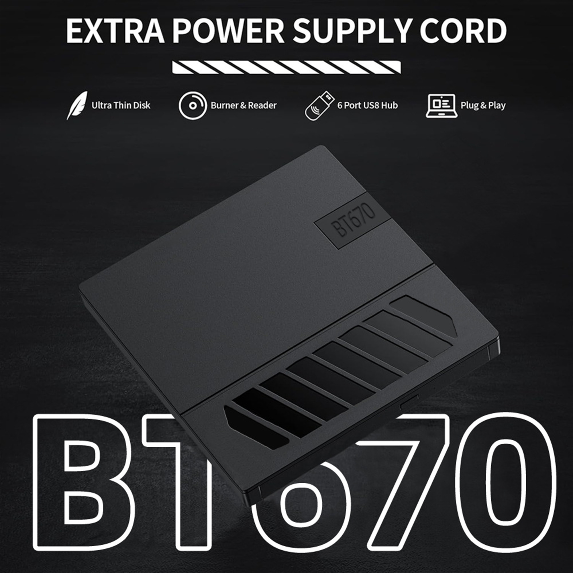 Ein schwarzes BT670-Gerät mit Text und Symbolen mit den Worten "EXTRA POWER SUPPLY CORD".