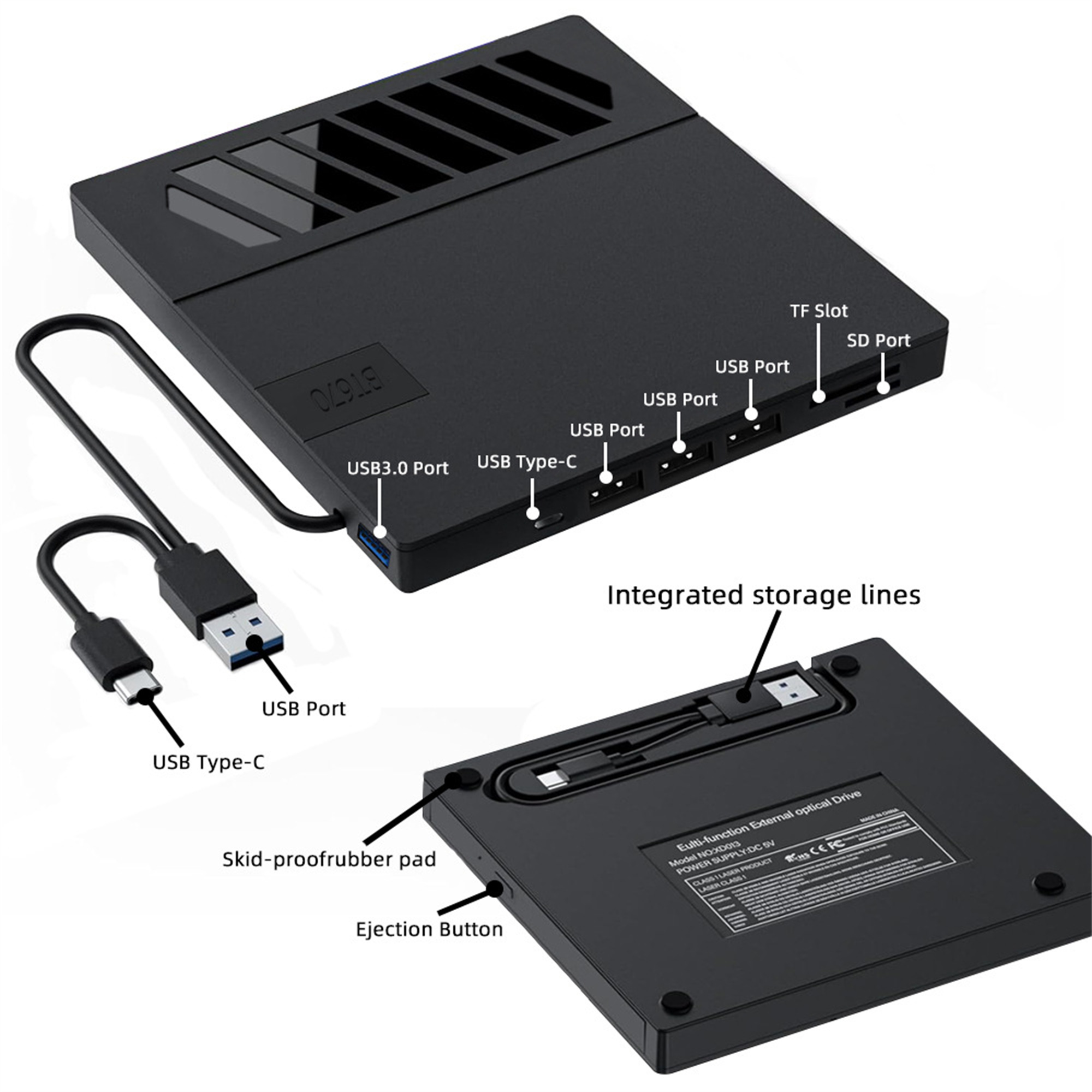Schwarzes externes optisches Laufwerk mit verschiedenen Anschlüssen und Kabeln. Etiketten zeigen USB und andere Typen.