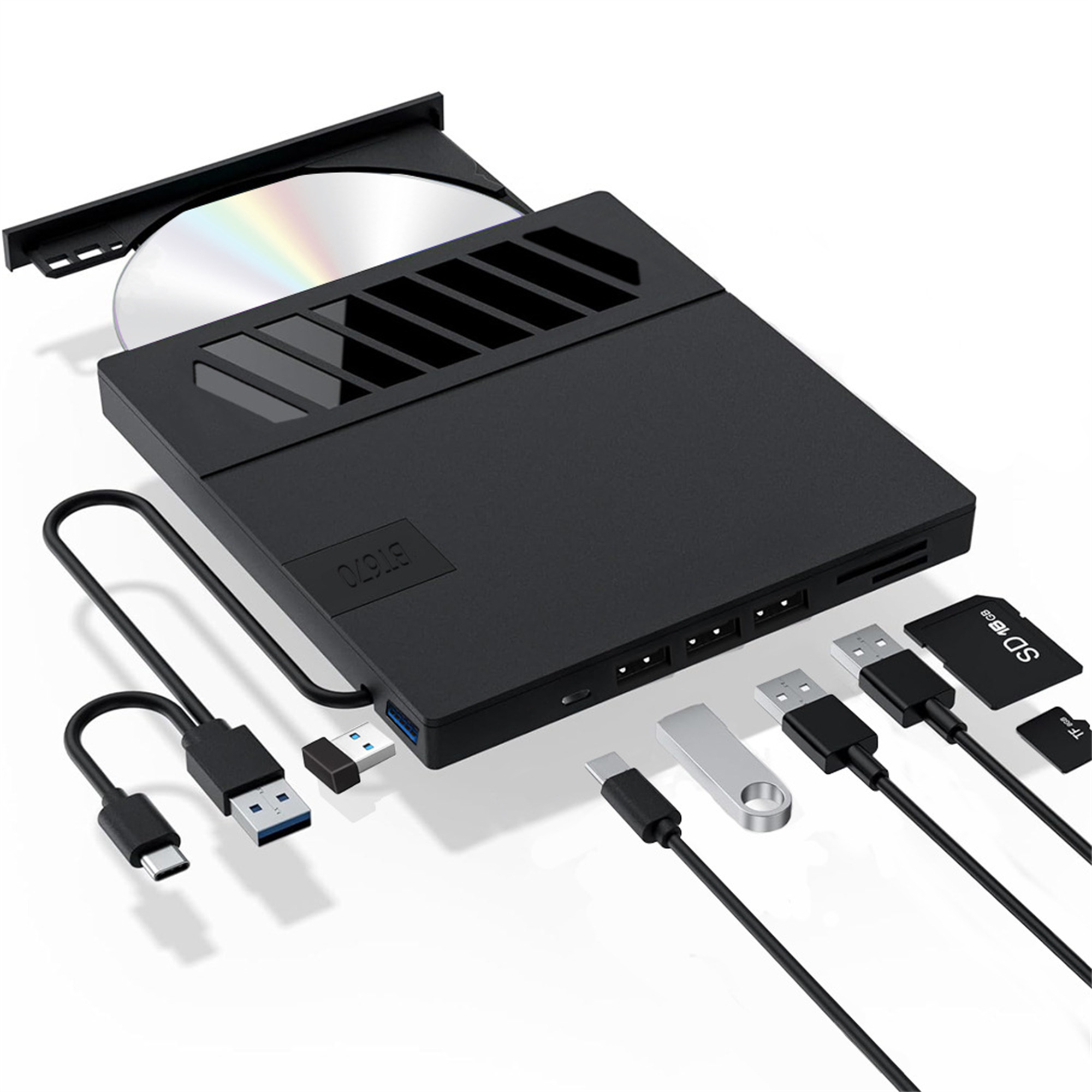 Schwarzes Multi-Port-Gerät mit eingelegter CD, USB- und SD-Kartenanschlüssen.