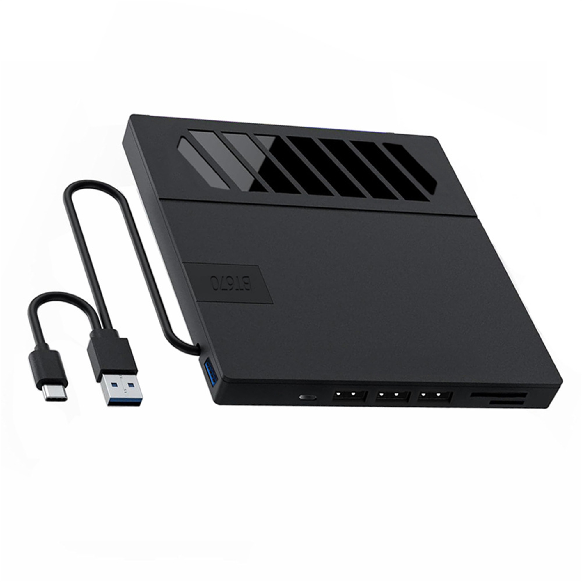 Ein schwarzes Gerät mit USB-Kabel und mehreren Anschlüssen. Es liegt auf einer weißen Oberfläche.