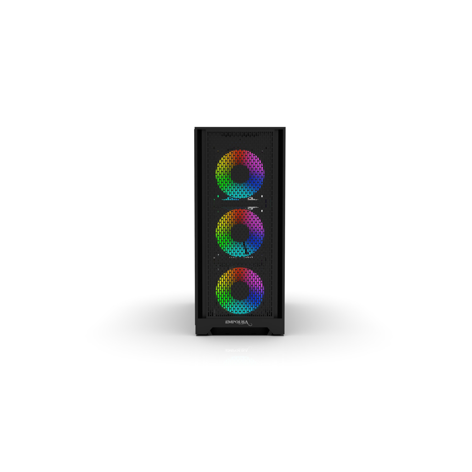 Schwarzes Computergehäuse mit drei bunten LED-Lüftern. Die Lüfter sind vertikal angeordnet.