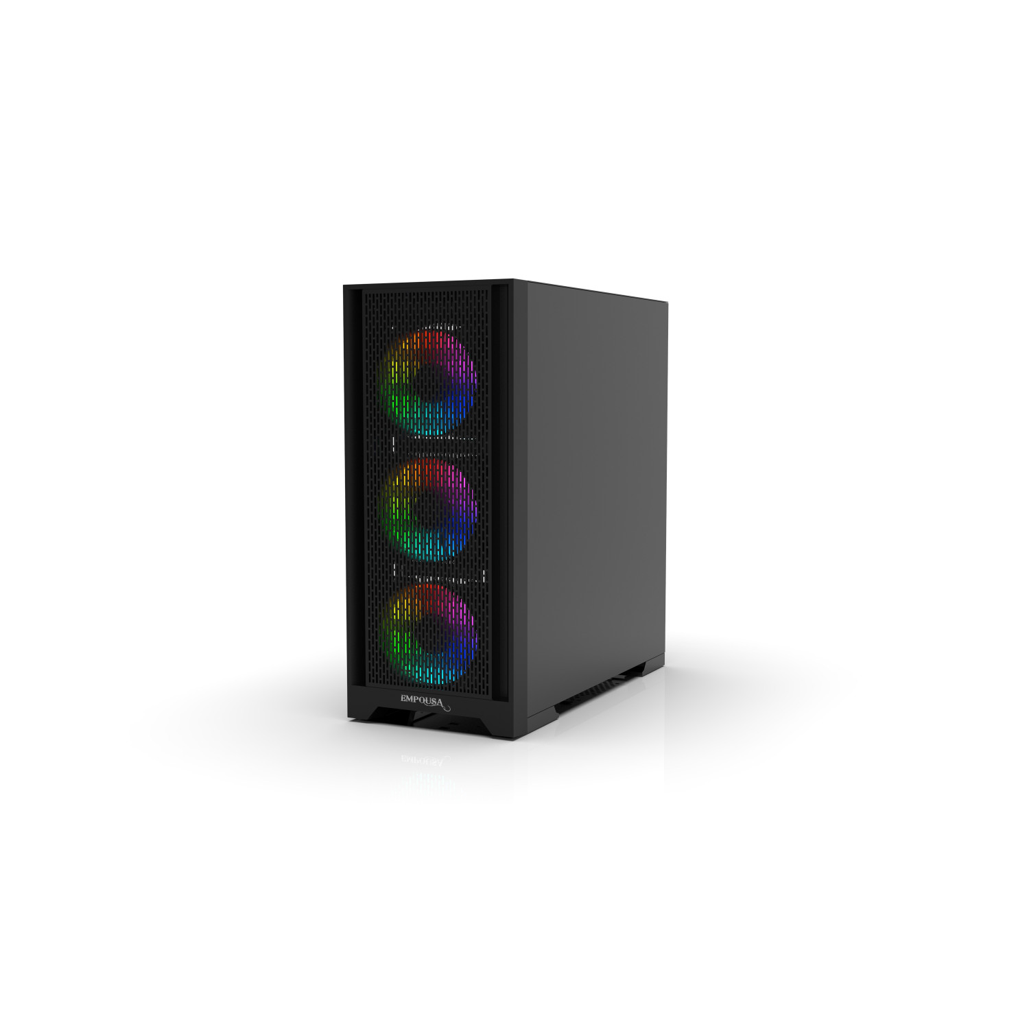 Schwarzes Computergehäuse mit drei bunten Lüftern. Schwarzes Mesh-Frontpanel. Weißer Hintergrund.