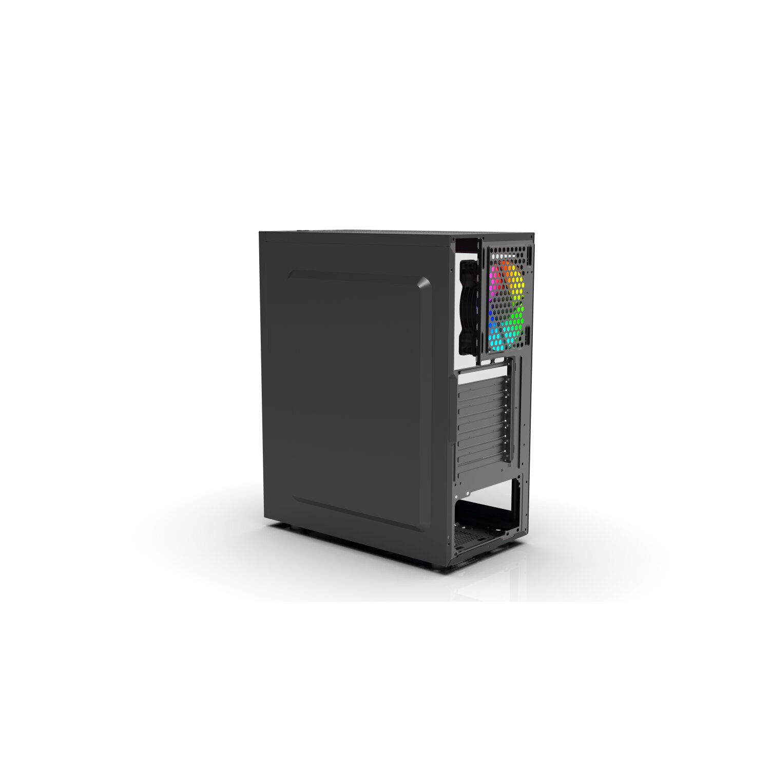 Ein schwarzes Computergehäuse, offen, mit internen Komponenten und einem bunten Lüfter.