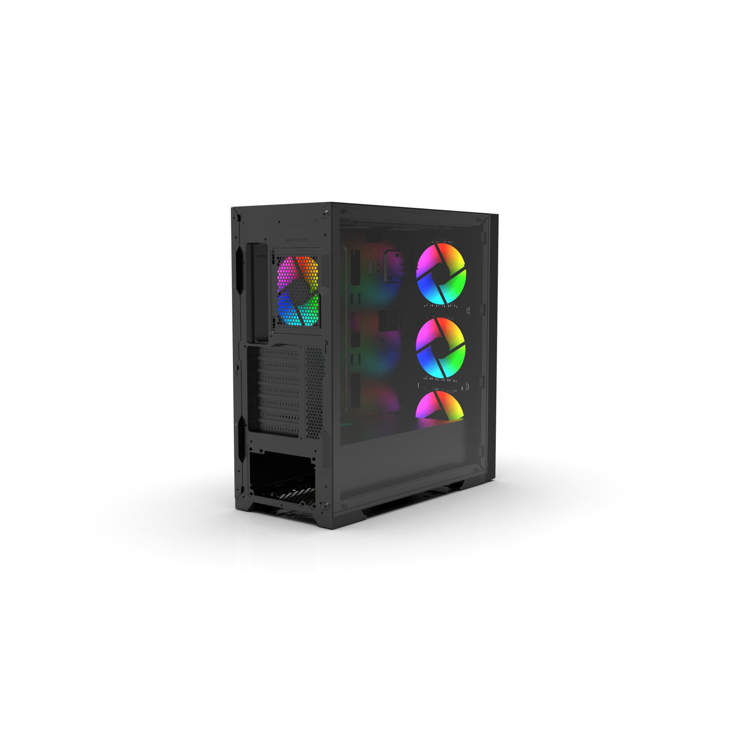 Computergehäuse mit Lüftern, die von mehreren Farben beleuchtet werden. Das Gehäuse ist schwarz.