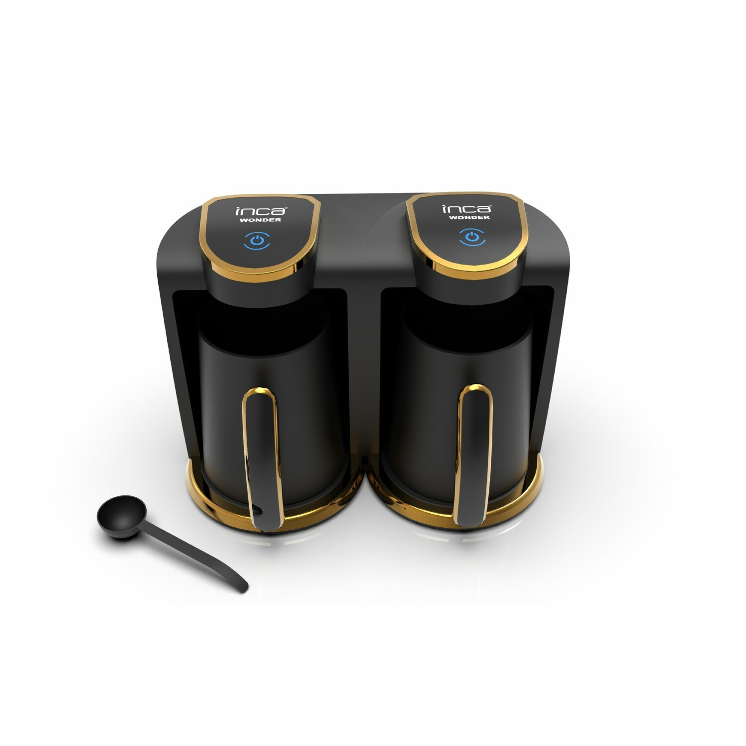 Schwarz-goldene Kaffeemaschine mit zwei Kammern und einem schwarzen Löffel. Die Maschine hat zwei Knöpfe.