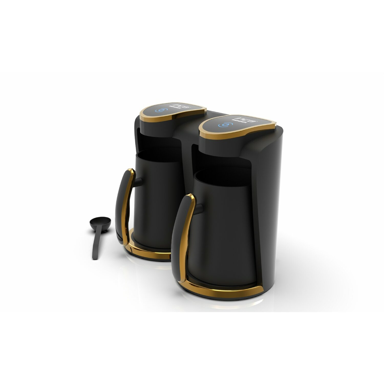 Zwei schwarze Kaffeemaschinen mit Goldakzenten, ein Löffel und ein weißer Hintergrund.