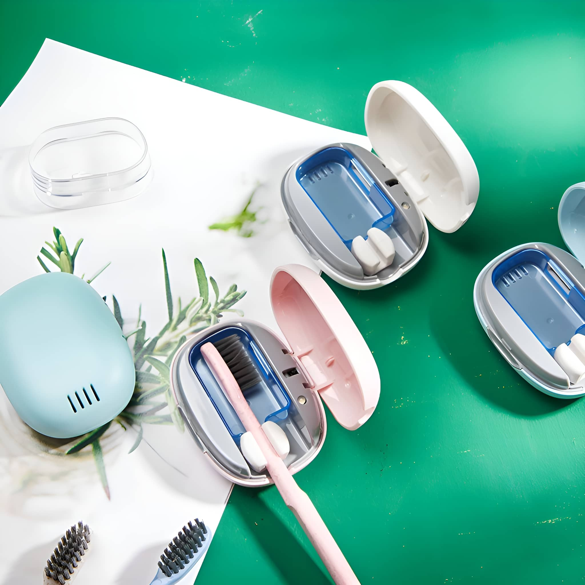 Zahnbürstenetuis in Weiß, Blau und Rosa, geöffnet, um Zahnbürsten zu zeigen. Grüner Hintergrund.