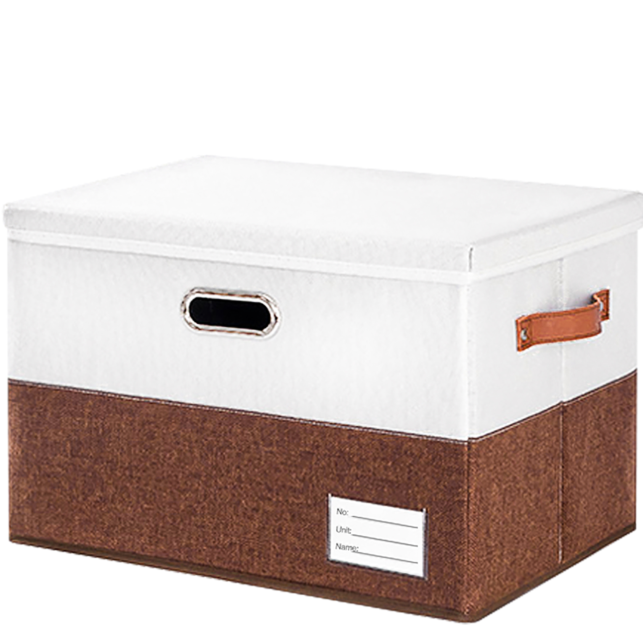 Eine weiße und braune Aufbewahrungsbox mit Deckel. Sie hat ein Etikett und einen Griff.