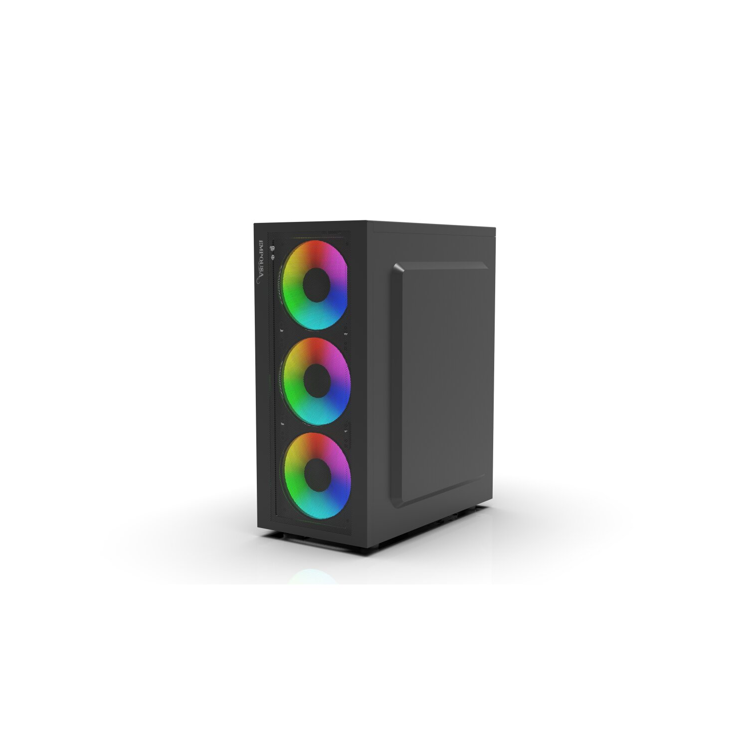 Ein schwarzes Computergehäuse mit drei bunten, beleuchteten Lüftern auf der Vorderseite.