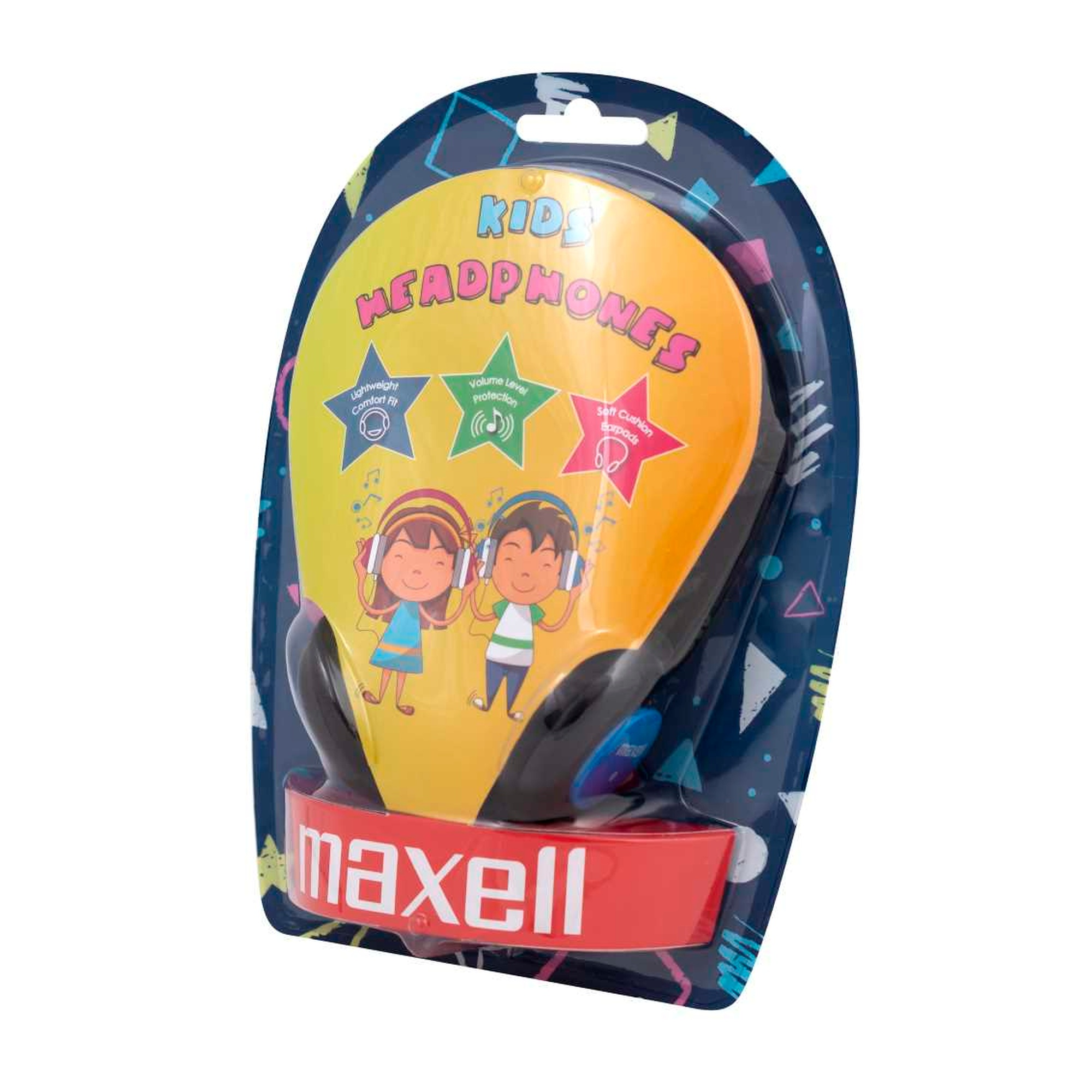 Opakowanie słuchawek dla dzieci z pomarańczową gwiazdą i ilustracjami kreskówkowymi dzieci noszących słuchawki.
