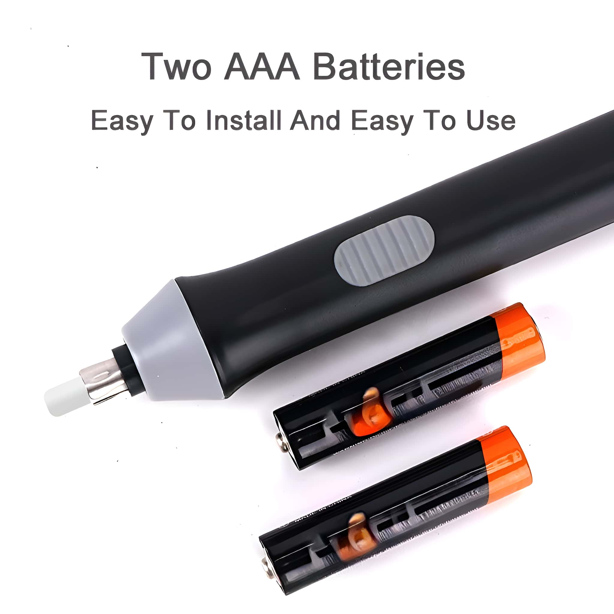 Elektrischer Radiergummi mit zwei AAA-Batterien. Schwarzer Radiergummi.