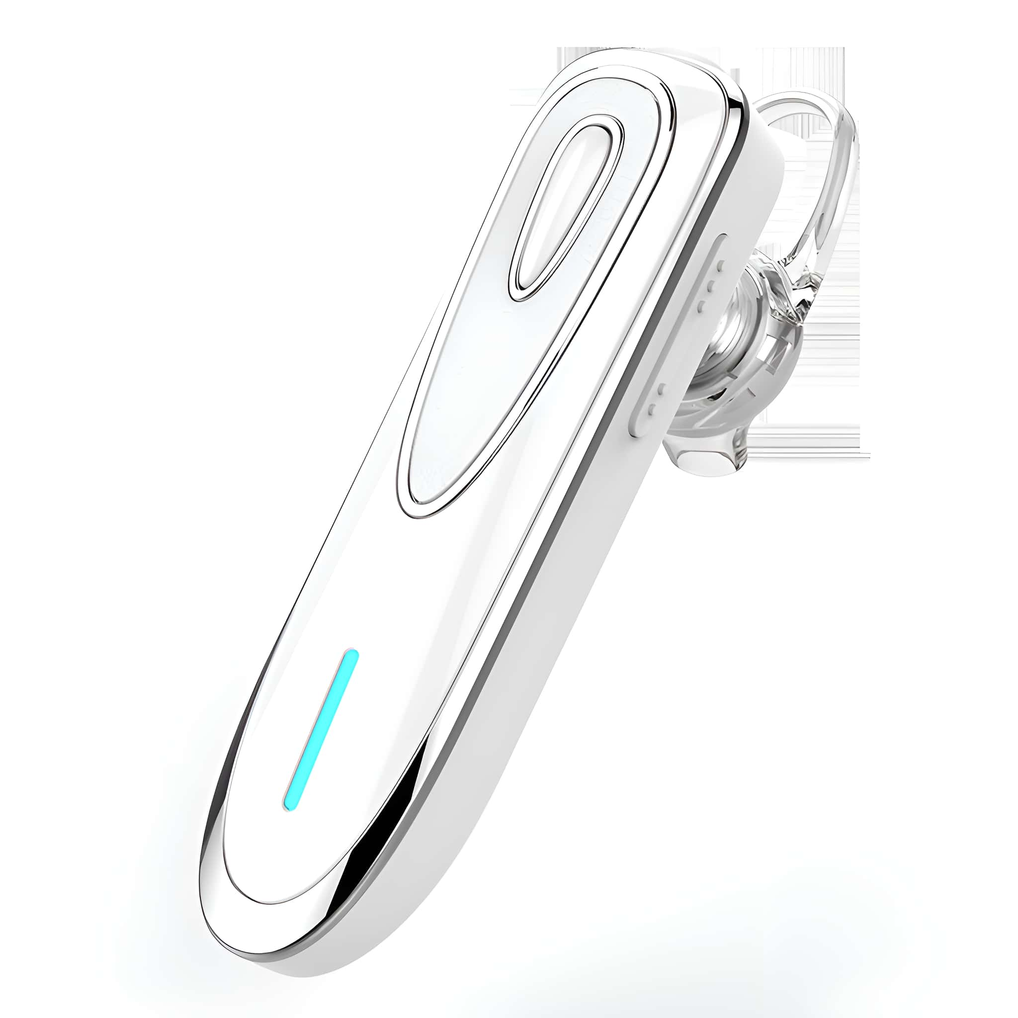 Weißes Bluetooth-Headset mit gebogenem Design und blauem Leuchtanzeiger.