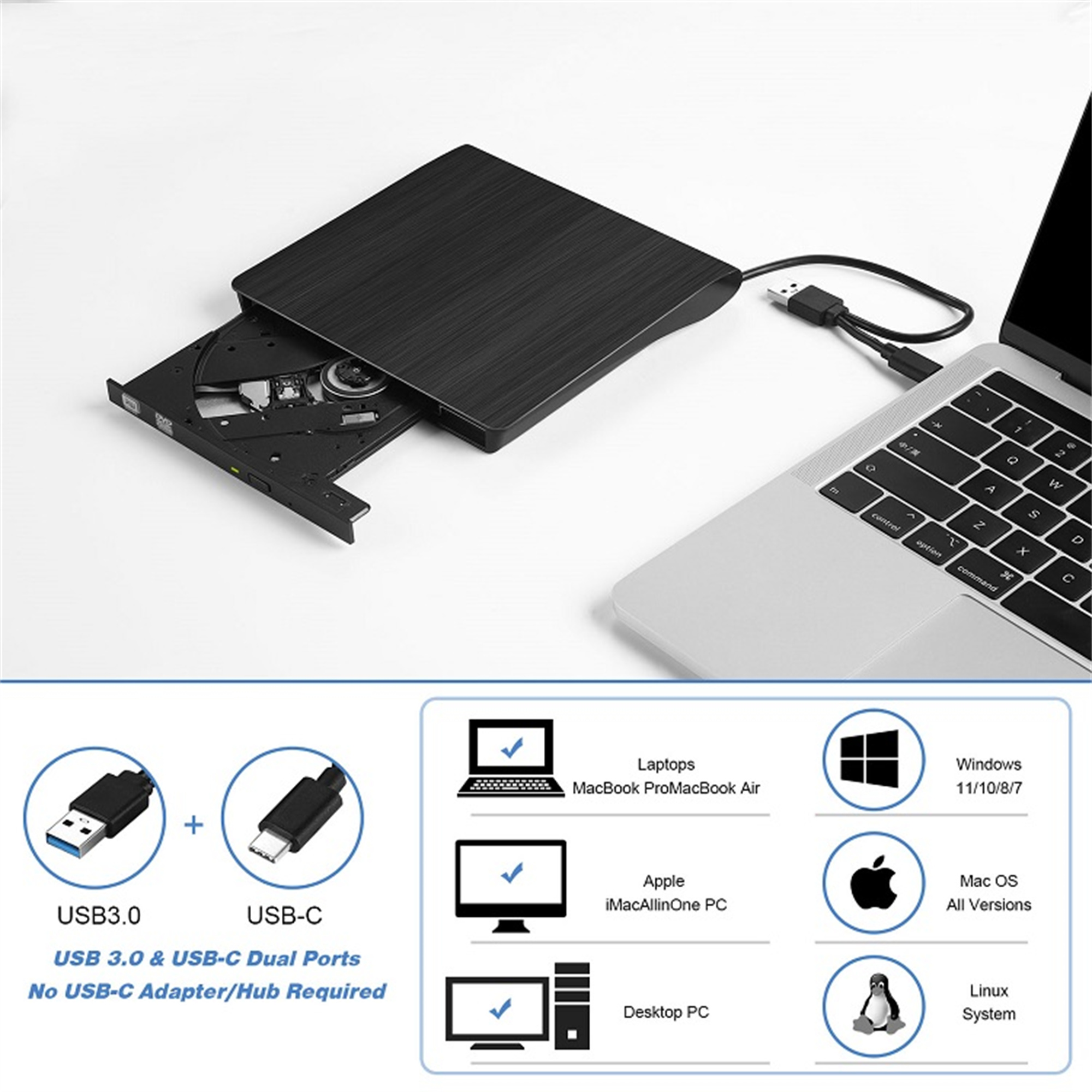 Tragbares DVD-Laufwerk mit Laptop über USB verbunden. Mit USB3.0- und USB-C-Anschlüssen. Enthält Kompatibilitätssymbole.