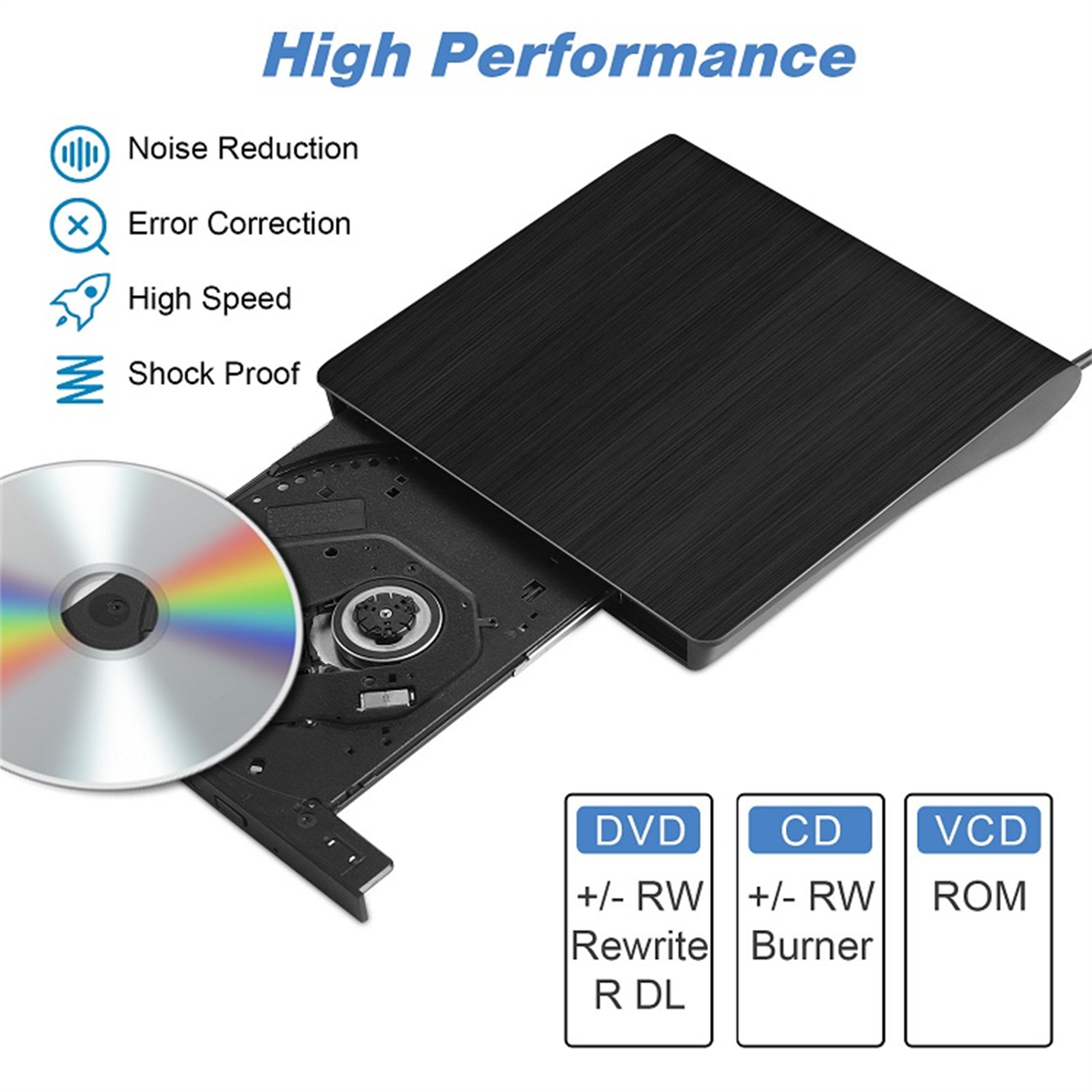 Schwarzes DVD-Laufwerk mit CD und Textlabels für DVD, CD und VCD. Weißer Hintergrund.