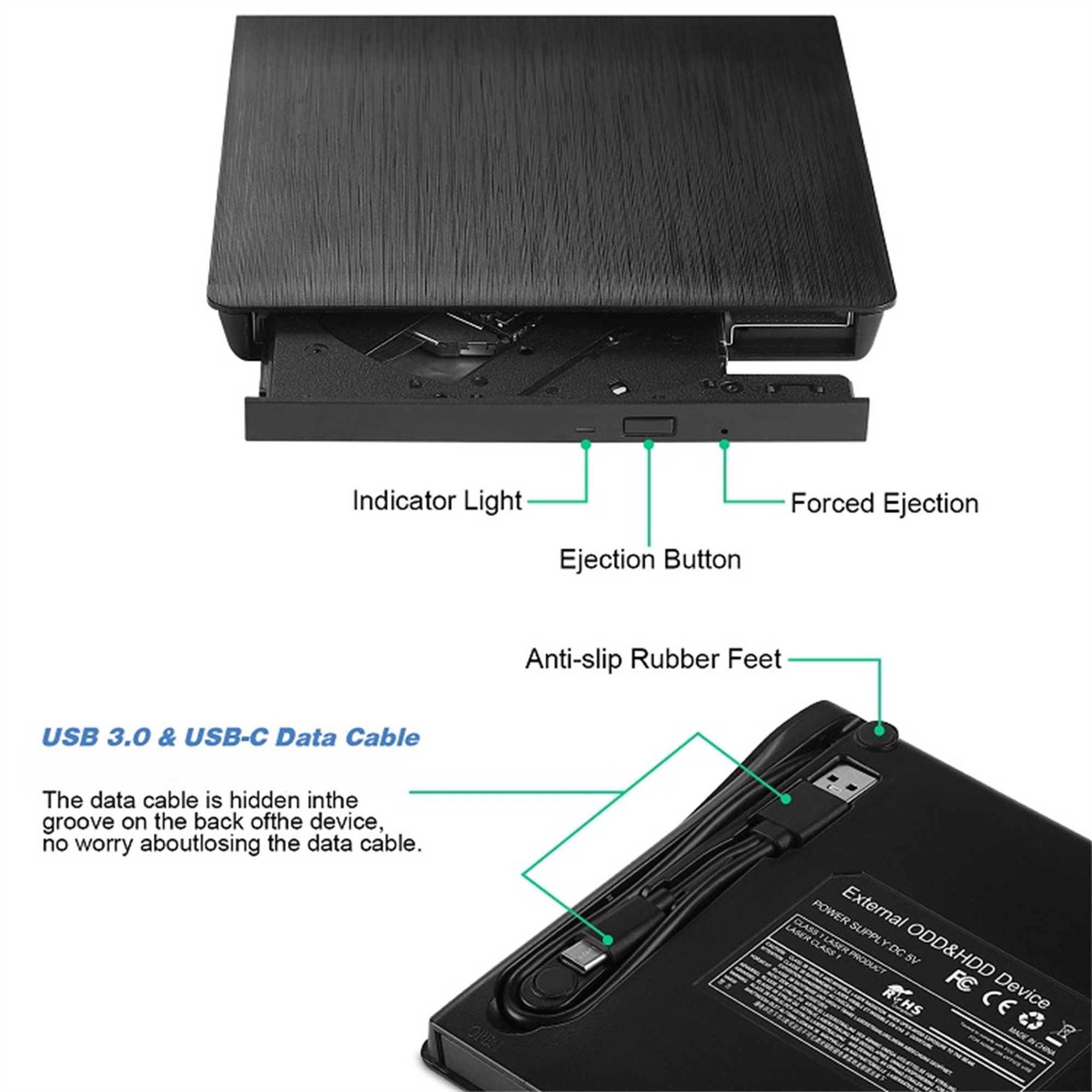 Schwarze externe Festplatte mit Auswurftaste, Kontrollleuchte und USB-Kabel. Mit rutschfesten Gummifüßen.