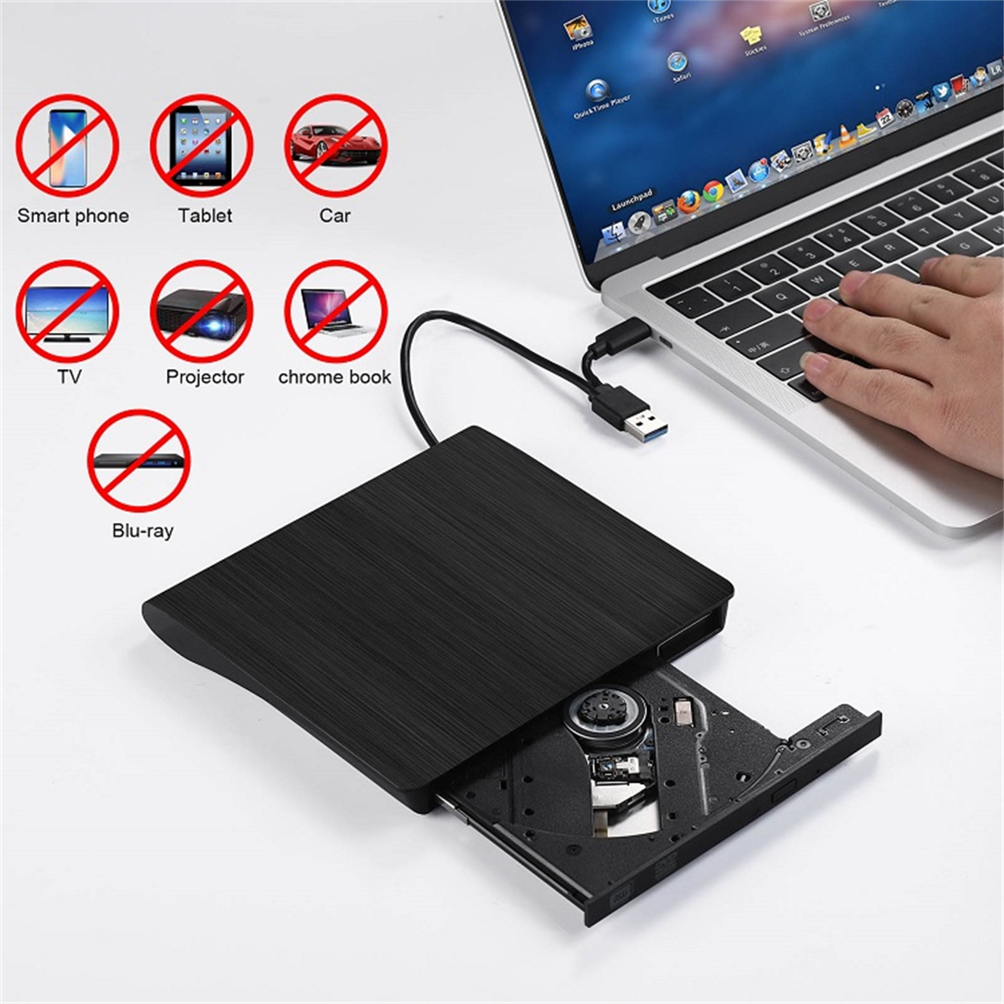 Laptop mit schwarzem DVD-Laufwerk, das ein offenes Fach zeigt. Symbole blockierter Geräte oben.