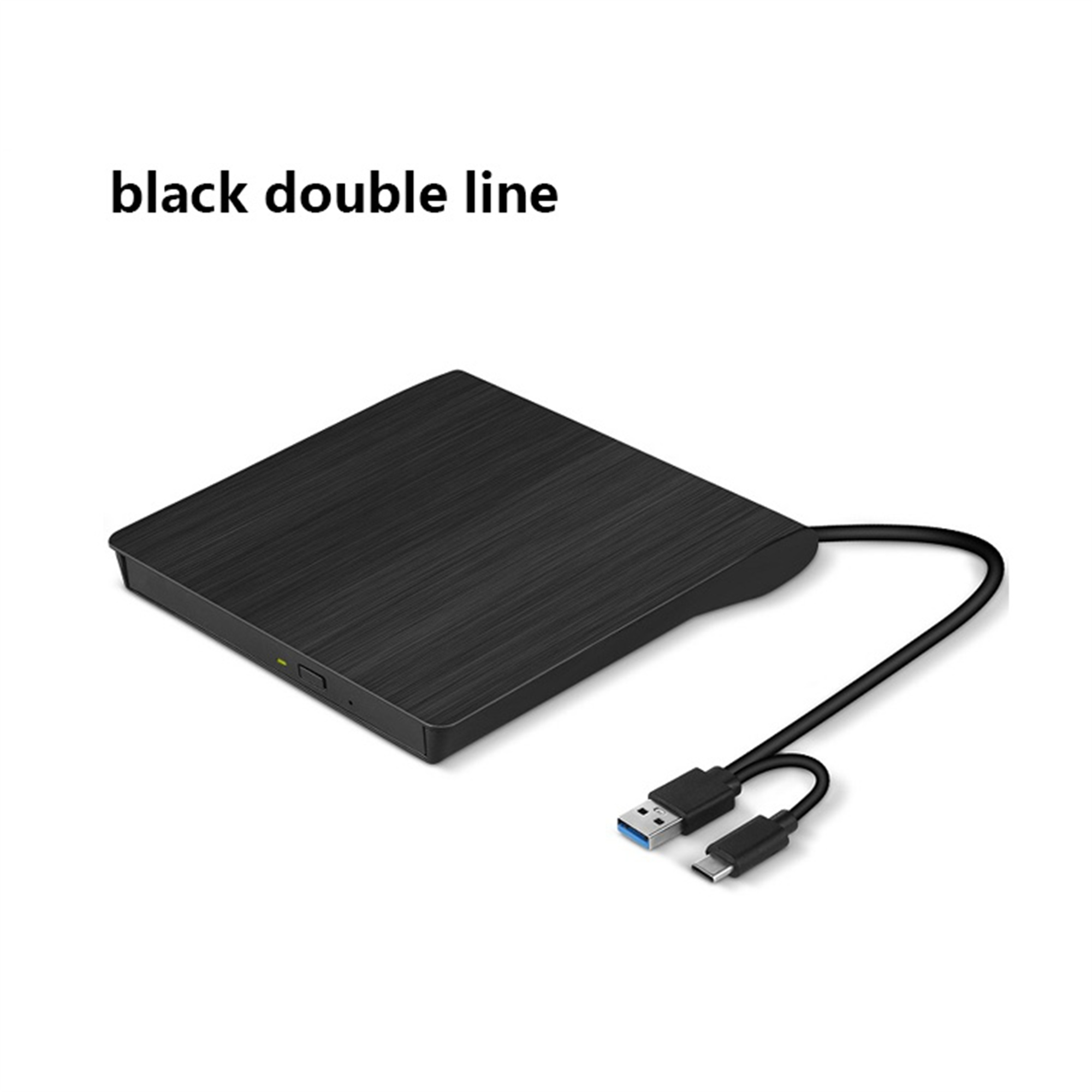 Schwarze externe Festplatte mit USB-Kabel. USB-A- und USB-C-Anschlüsse sichtbar.