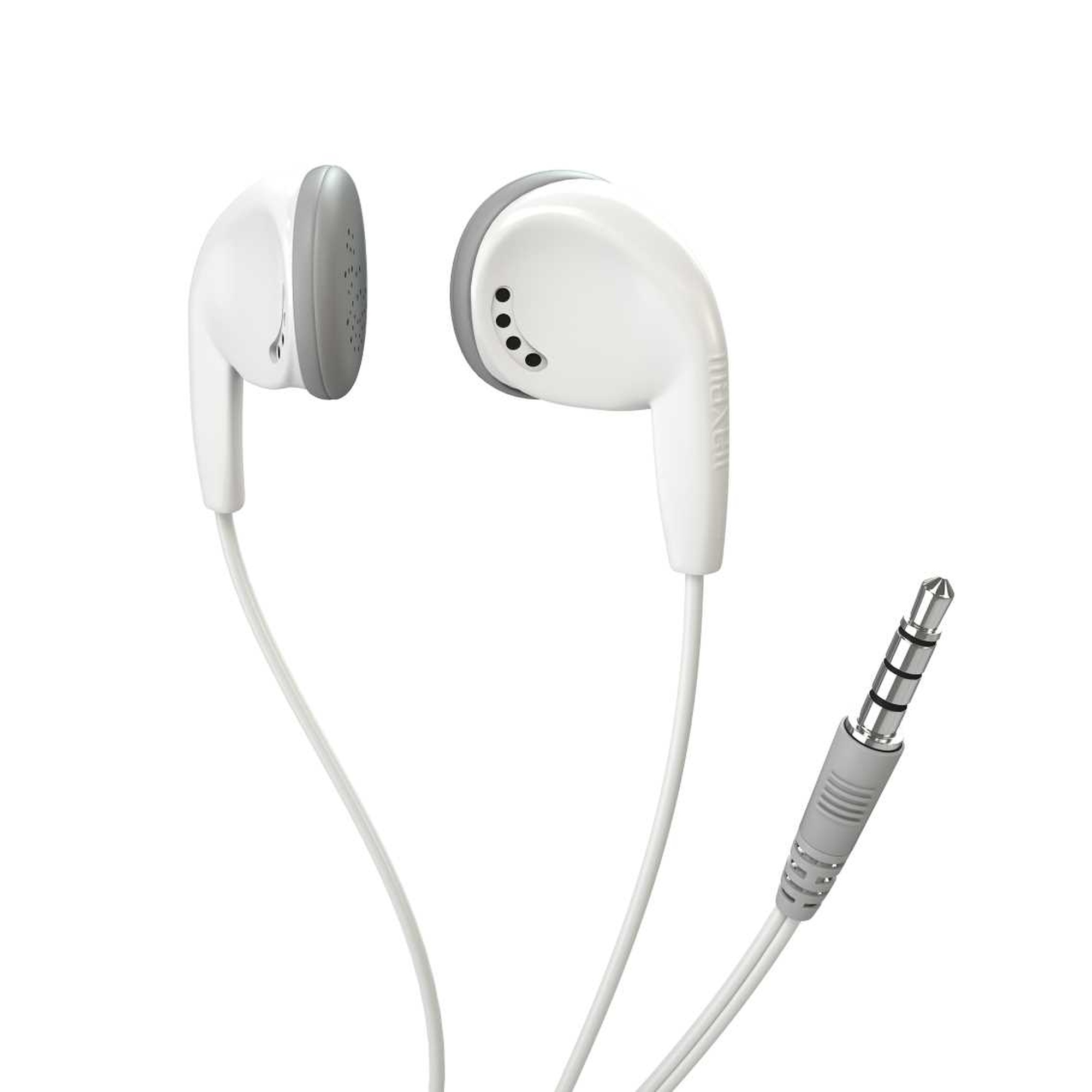 Auricolari Maxell bianchi con dettagli grigi e spina da 3,5 mm su sfondo bianco.