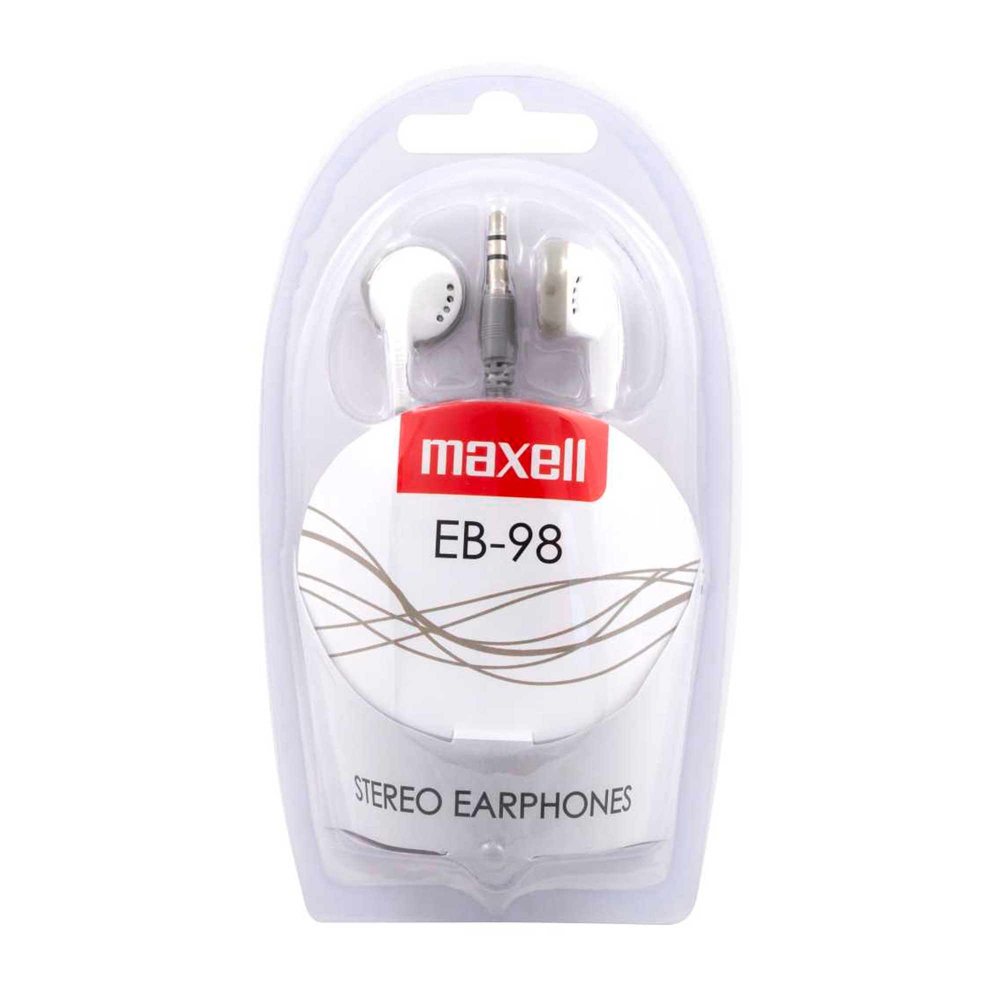 Auricolari bianchi in una confezione di plastica trasparente. Il marchio è maxell.