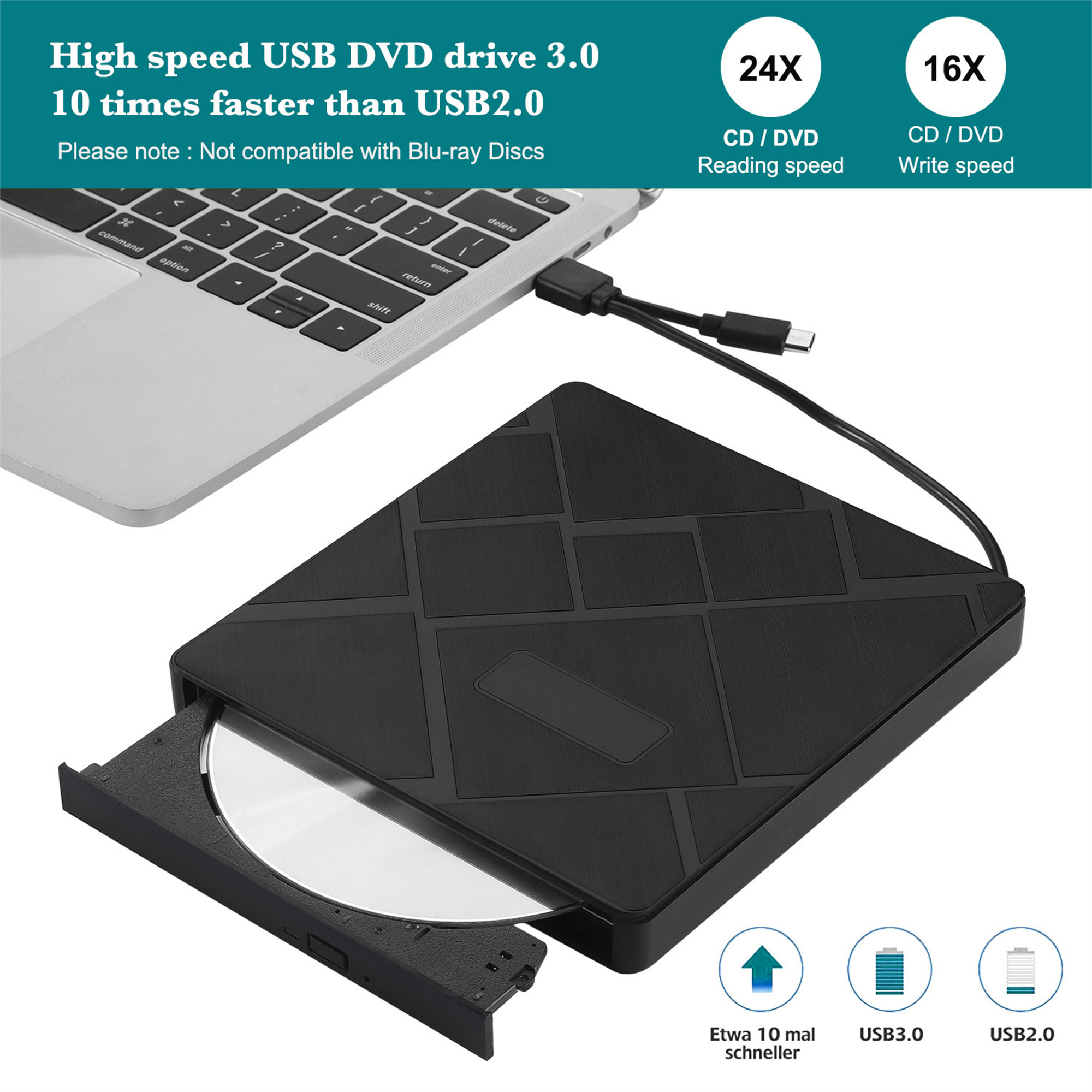 Schwarzes externes DVD-Laufwerk, das an einen Laptop angeschlossen ist, mit einer Disc im Schacht.