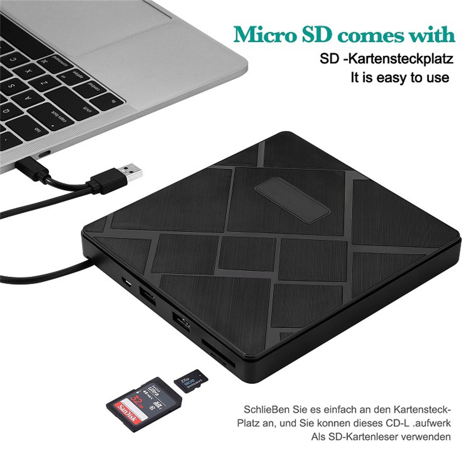Schwarzes Gerät mit USB-Kabel an einem Laptop angeschlossen. Eine Micro-SD-Karte und ein Kartenleser sind vorhanden.