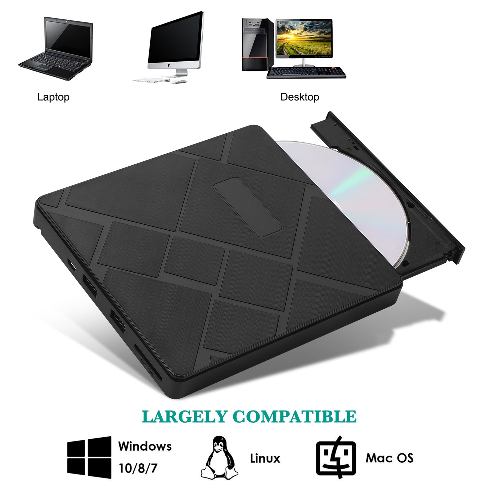 Ein schwarzes externes DVD-Laufwerk mit einer CD. Es befindet sich neben einem Laptop, Monitor und Desktop-Computer.
