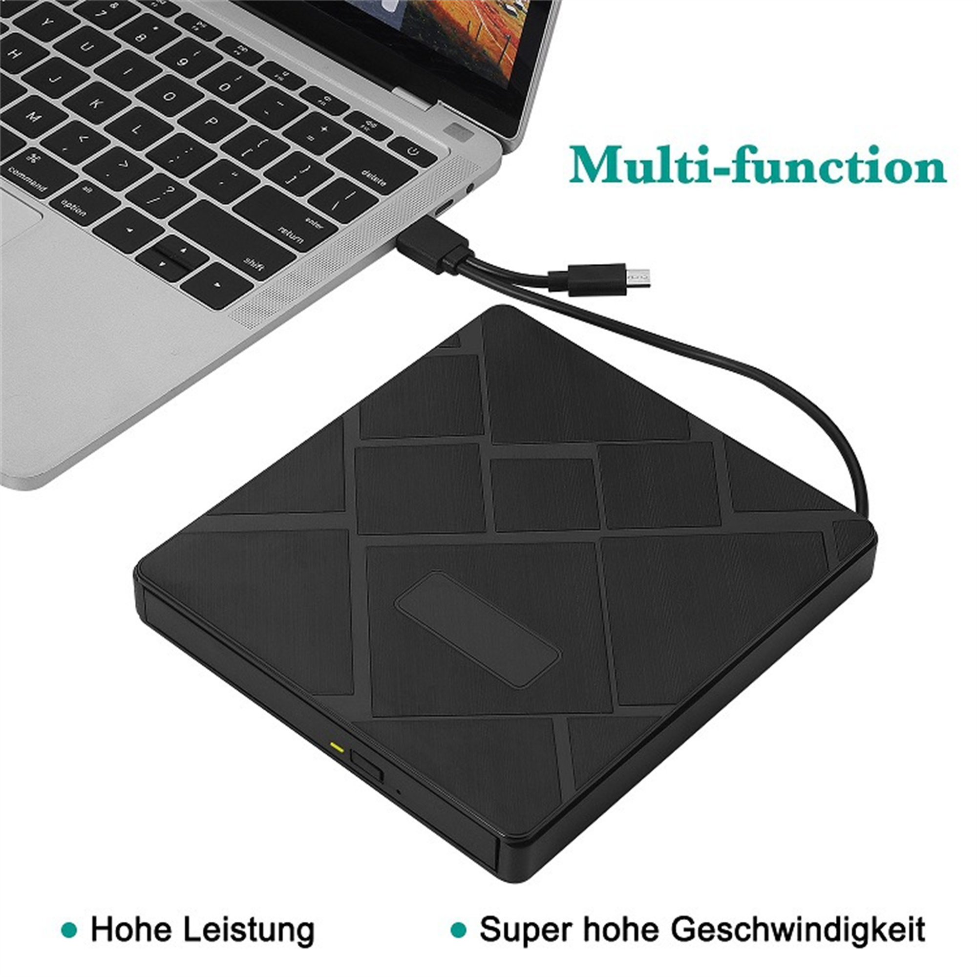 Ein schwarzes Gerät, das mit einem Laptop verbunden ist. Das Gerät hat eine quadratische Form mit einer gemusterten Oberfläche.