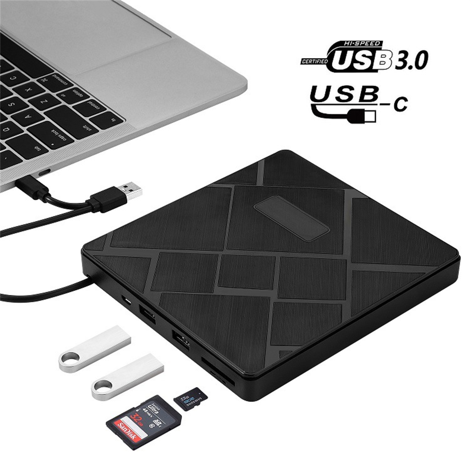 Schwarzer USB-Hub mit USB-Anschlüssen, ein Laptop, USB-Sticks und SD-Karten.