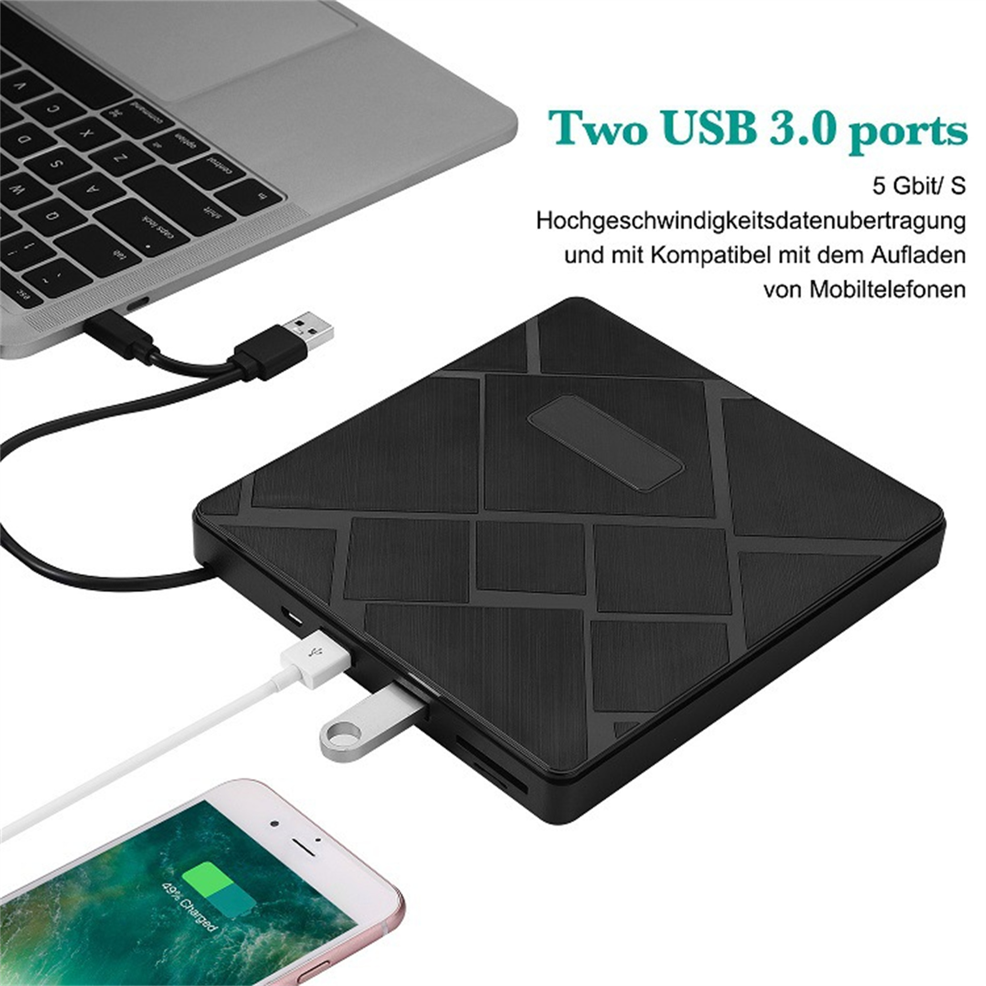 Schwarzer USB-Hub mit Laptop und Handy verbunden. Zwei USB 3.0-Anschlüsse. Handy wird geladen.