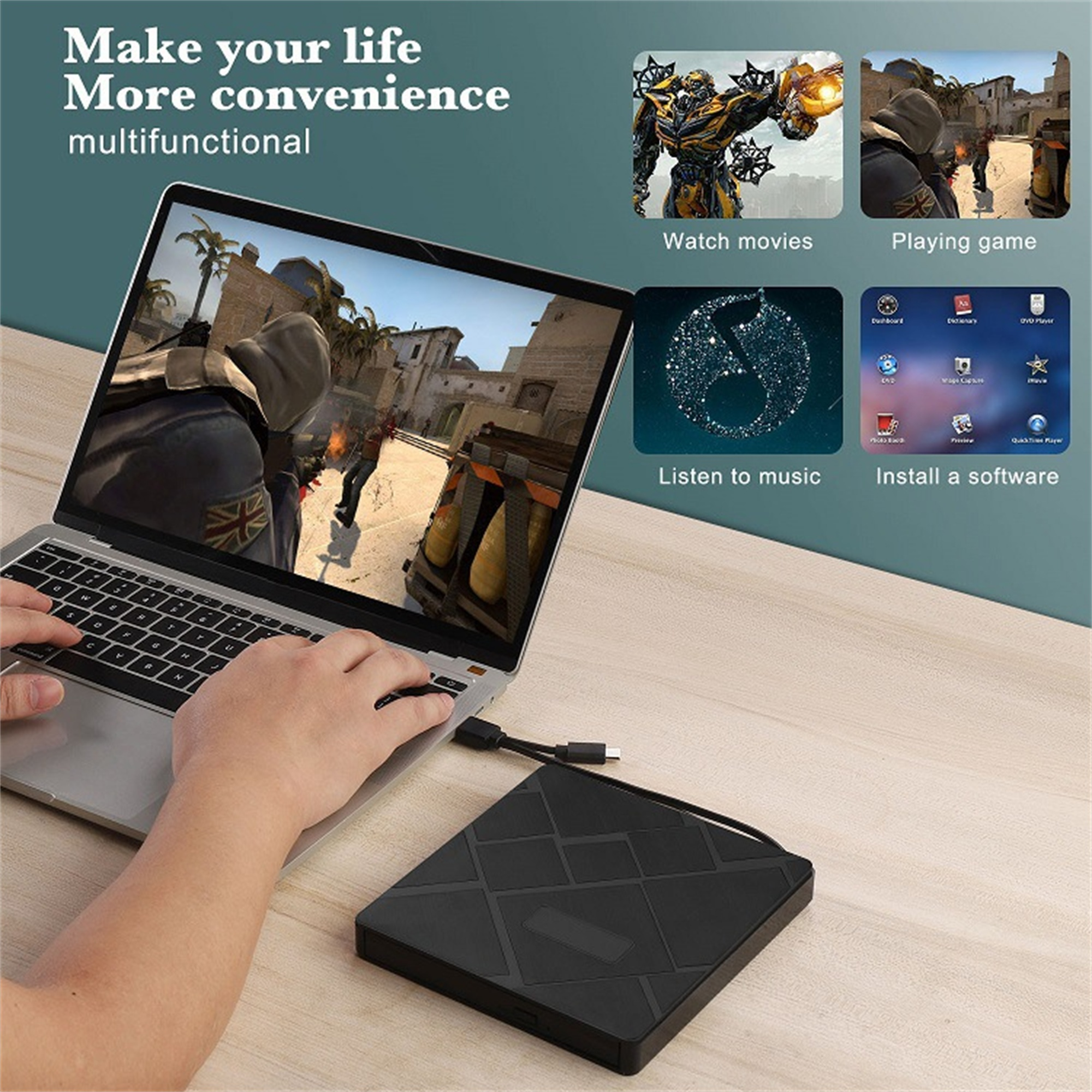 Laptop mit externem Laufwerk, Bilder von Filmen, Spielen und Software.