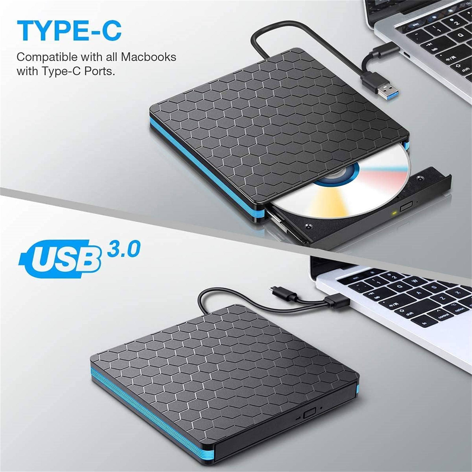 Schwarzes externes CD/DVD-Laufwerk, an einen Laptop angeschlossen. Text: "TYPE-C" und "USB 3.0".