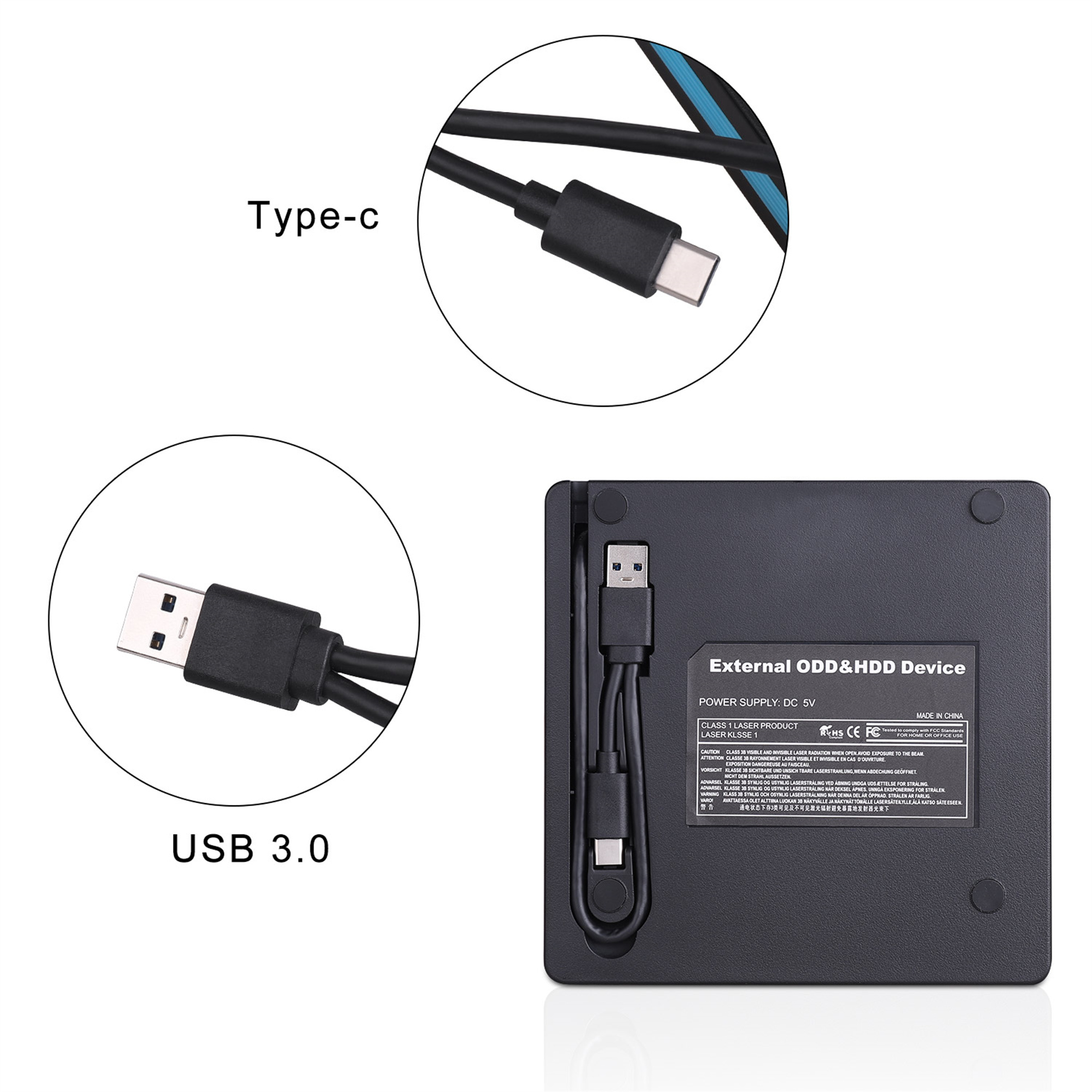 Ein schwarzes Gerät mit angeschlossenen Kabeln. USB- und Typ-C-Kabel sind sichtbar.