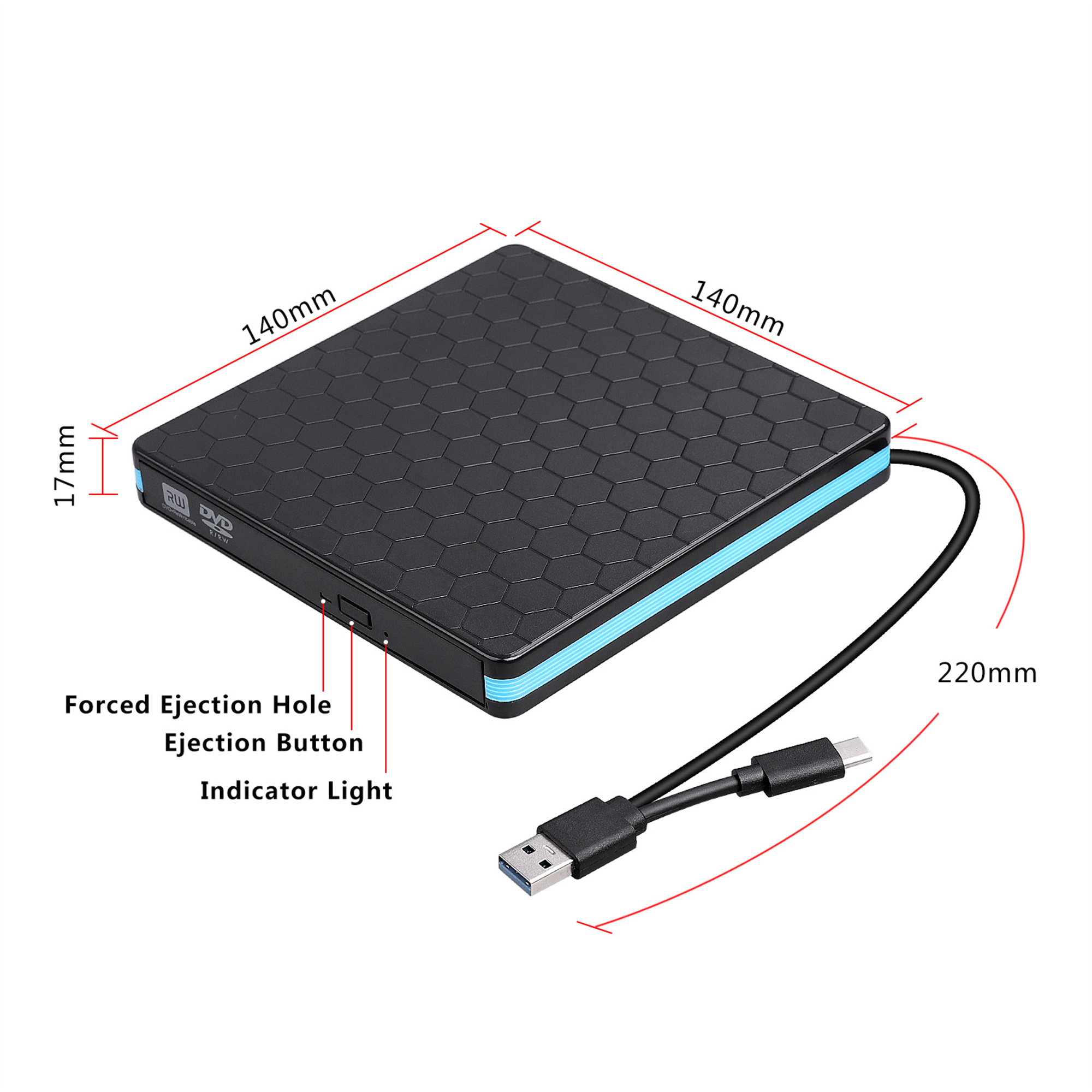 Schwarzes externes DVD-Laufwerk mit Maßen. Inklusive USB-Kabel mit USB- und USB-C-Anschlüssen.