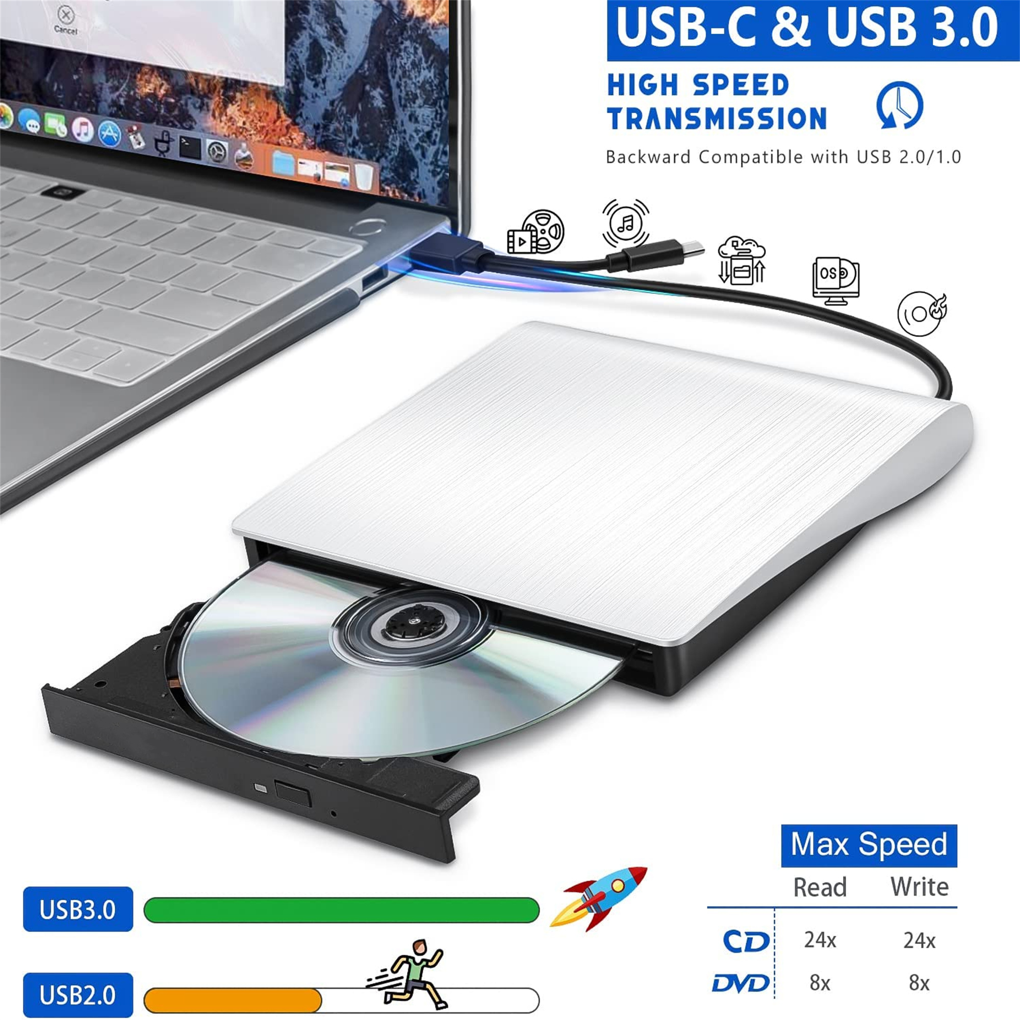 Ein Laptop, der mit einem silbernen externen CD/DVD-Laufwerk verbunden ist. Es zeigt USB-C & 3.0- und USB 2.0-Kompatibilitätsdetails.